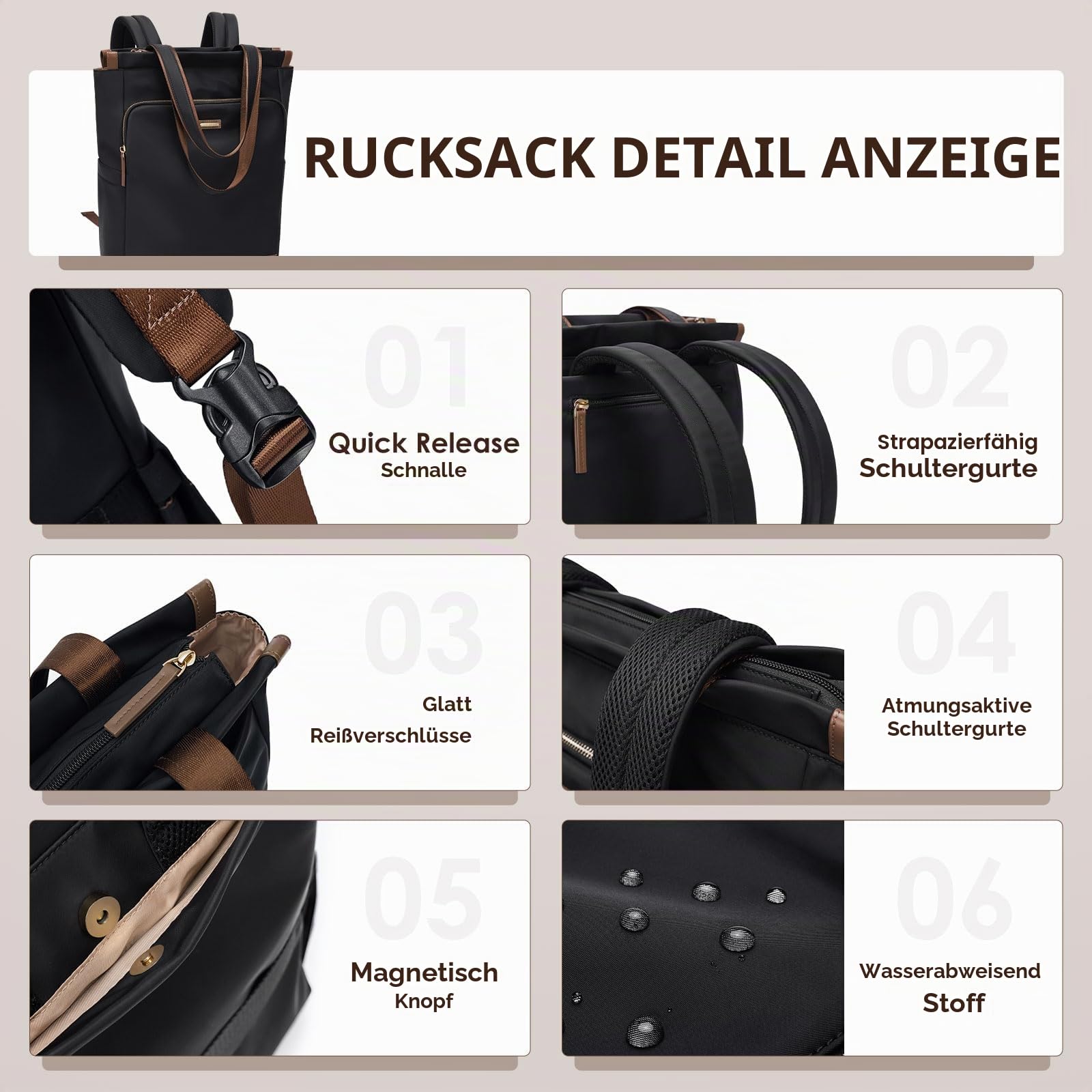 GOLF SUPAGS Convertible Laptop-Rucksack für Frauen Casual Daypack Notebook Tote Bag für Arbeit Hochschulen Reisen Freizeit (Schwarz)