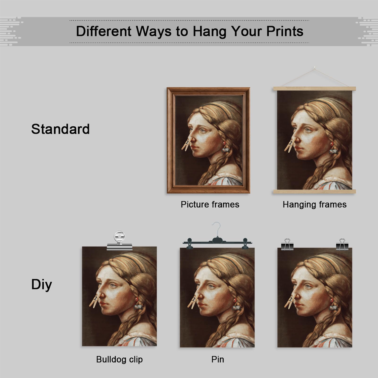 Classical Girl With Clothespin Painting Canvas Wall Art, Vintage Funny Bathroom Poster, Humor Amusing Toilet Art Prints - Image 2