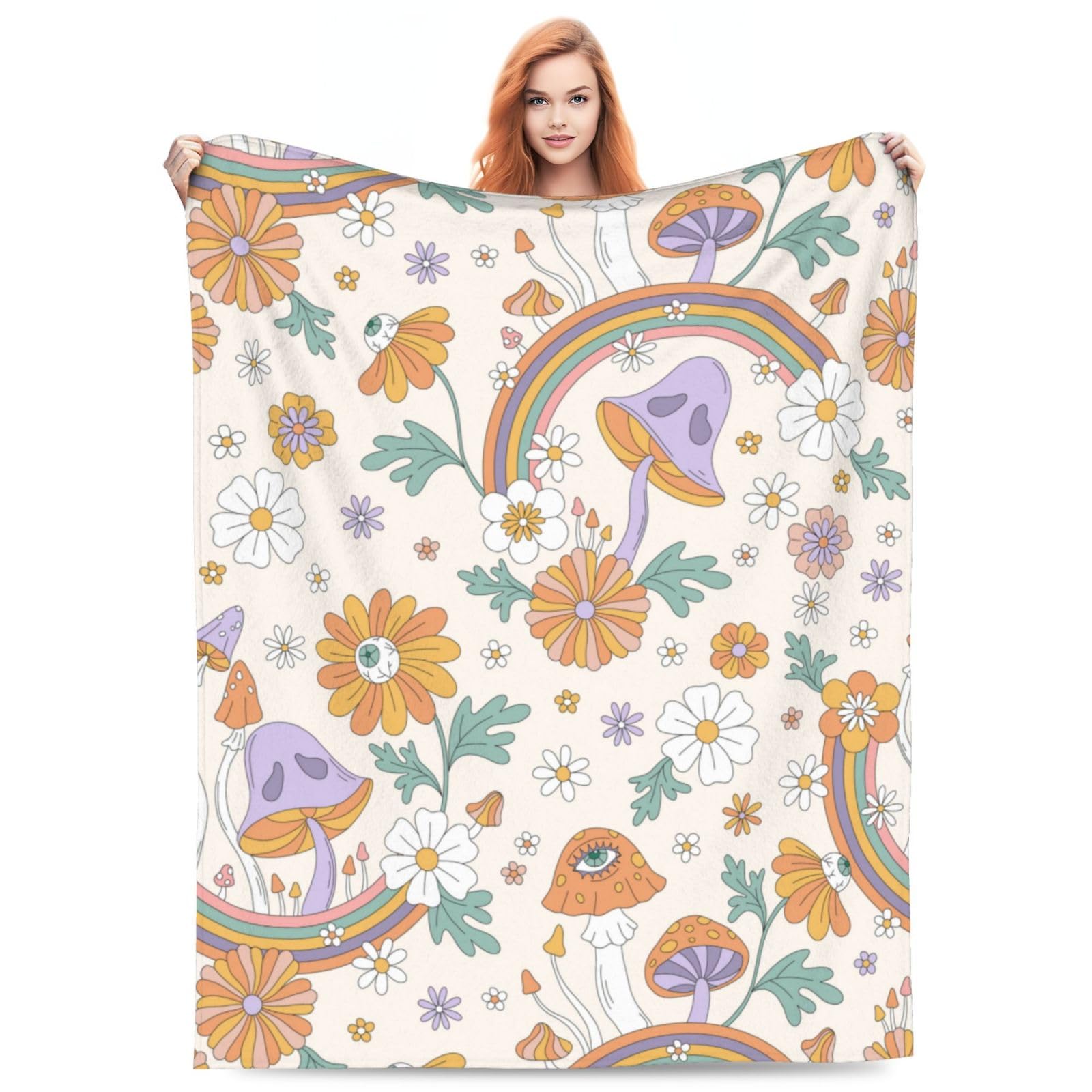Atourdealss Girls Mushrooms Rainbow Trippy Eyed Flowers Groovy Blanket Retro 60S 70S Boho Mystic Garden Florals Valentine Day Gifts For Women Soft Flannel Throw Blanket For Bed Home Sofa Decor 50"X40"
