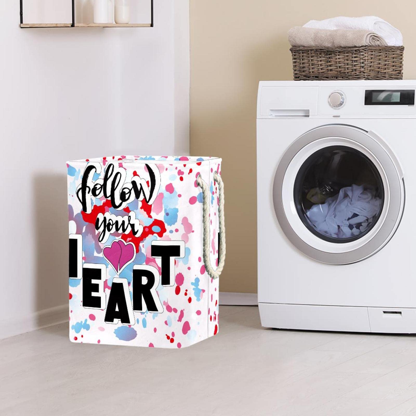 Cesta de lavandería con asas, diseño de acuarela con texto en inglés "Follow Your Heart", para guardar ropa en el dormitorio, baño, dormitorio