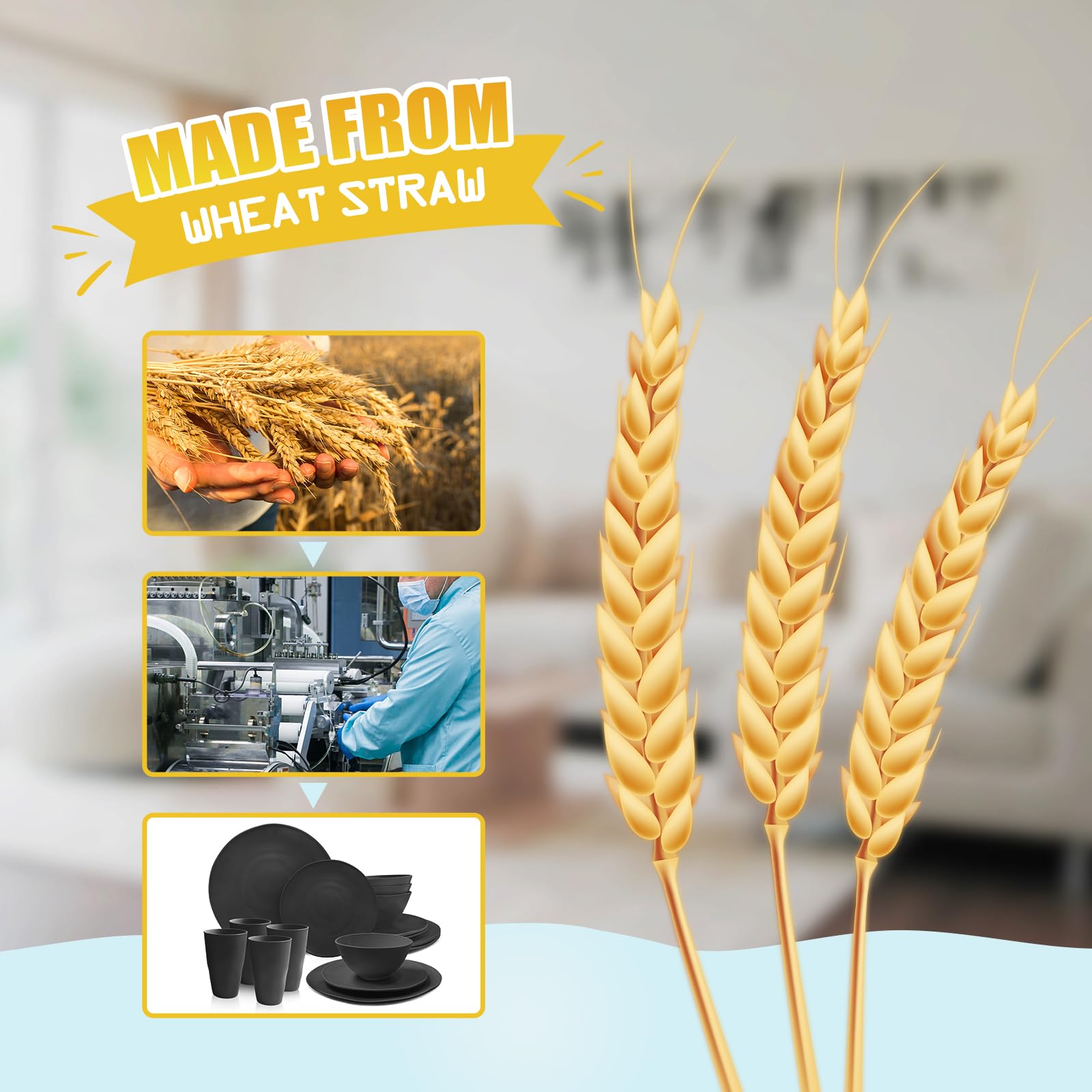 Peurif 32-Piece Thick Irregular Plastic Wheat Straw Dinnerware Set, Durable Kitchen Plates and Bowls Set for 8, Dinner Plates, Dessert Plates, Bowls & Cups, Unbreakable Outdoor Camping Dishes, Black