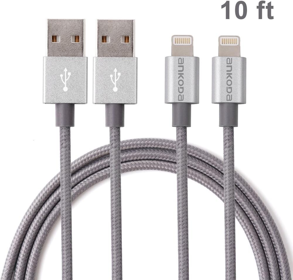 2Pack 10ft/3M Nylon Braided Lightning to USB Cable, Lightning Data Sync & Charge USB Cable for iPhone SE 6S 6S Plus 6 6Plus 5S 5C 5, iPad Air Air 2 mini2 mini3 4th, iPod Nano, iPad Pro and More (Grey)