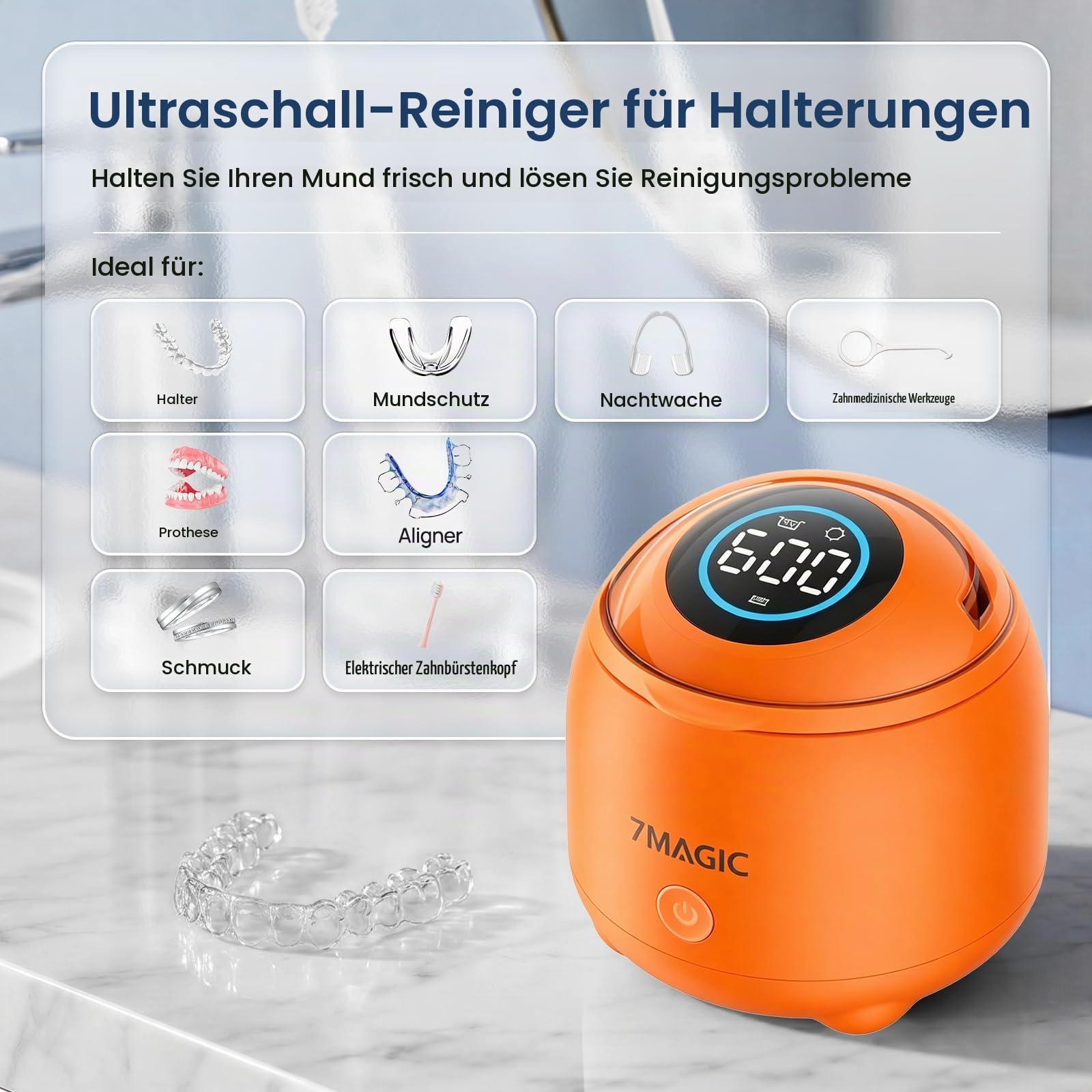 7MAGIC Ultraschallreinigungsgerät für Zahnschienen, 48 kHz, UV-C, Orange