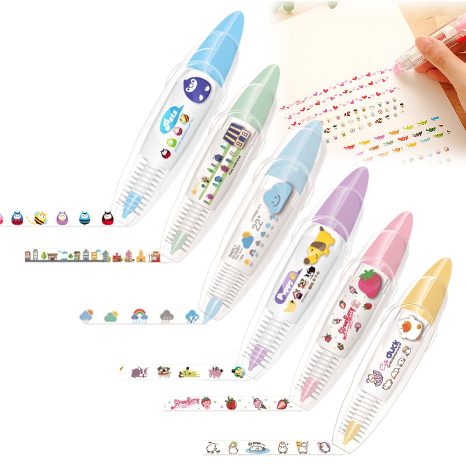 6/12 Pcs Prospectp Decorative Pen, Animal Press Type Decorative Pens, Prospectp DIY Cute Animals Press Type Decorative Pen, Lace Decoration Correction Tape Pens for Scrapbooking, Card (6Pcs-b)