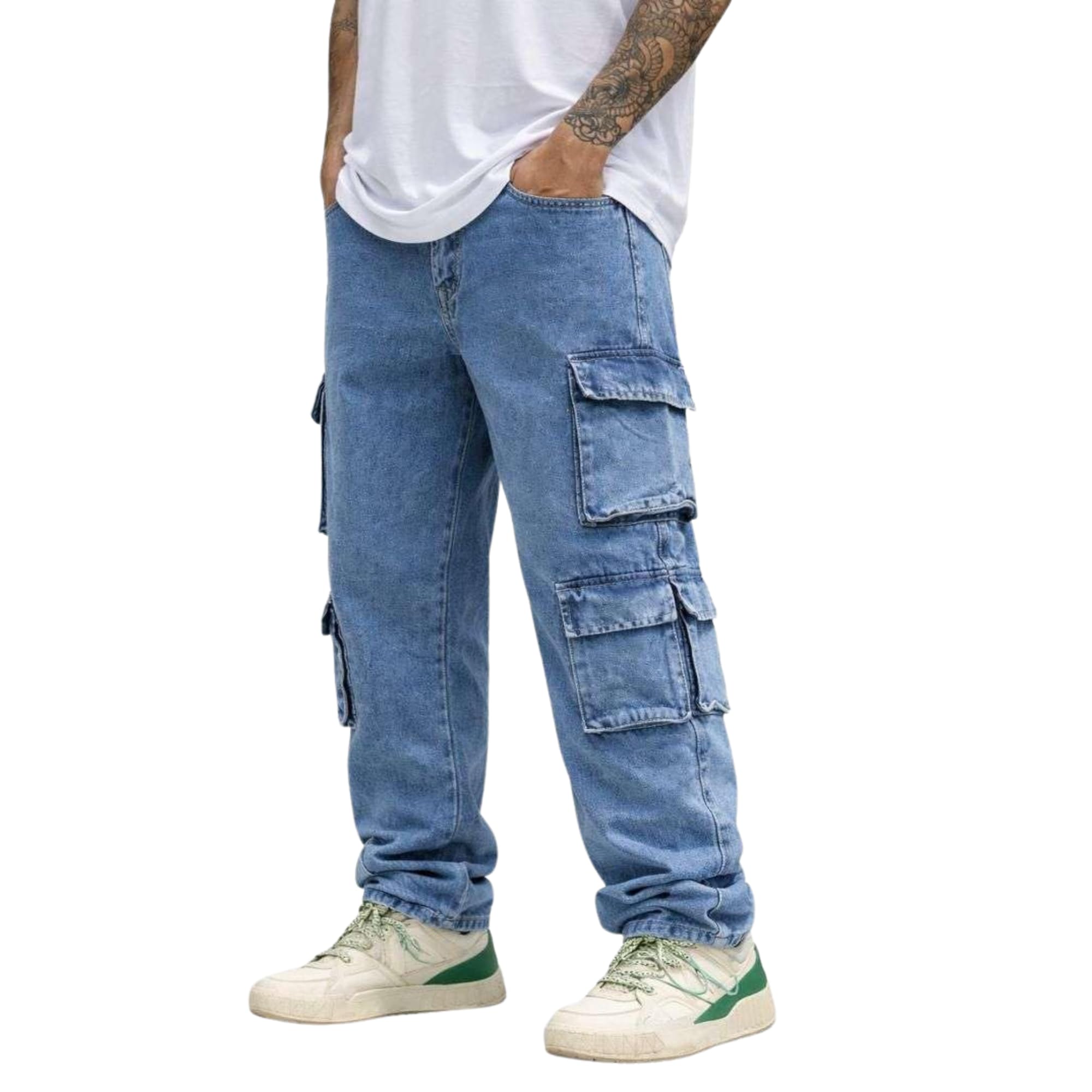 Mens Cargo Jeans | Relaxed Fit Mid Rise Denim Jeans for Men | Streetwear Style Multiple Pocket Cargo Jeans | Button & Zip Closure-image-47
