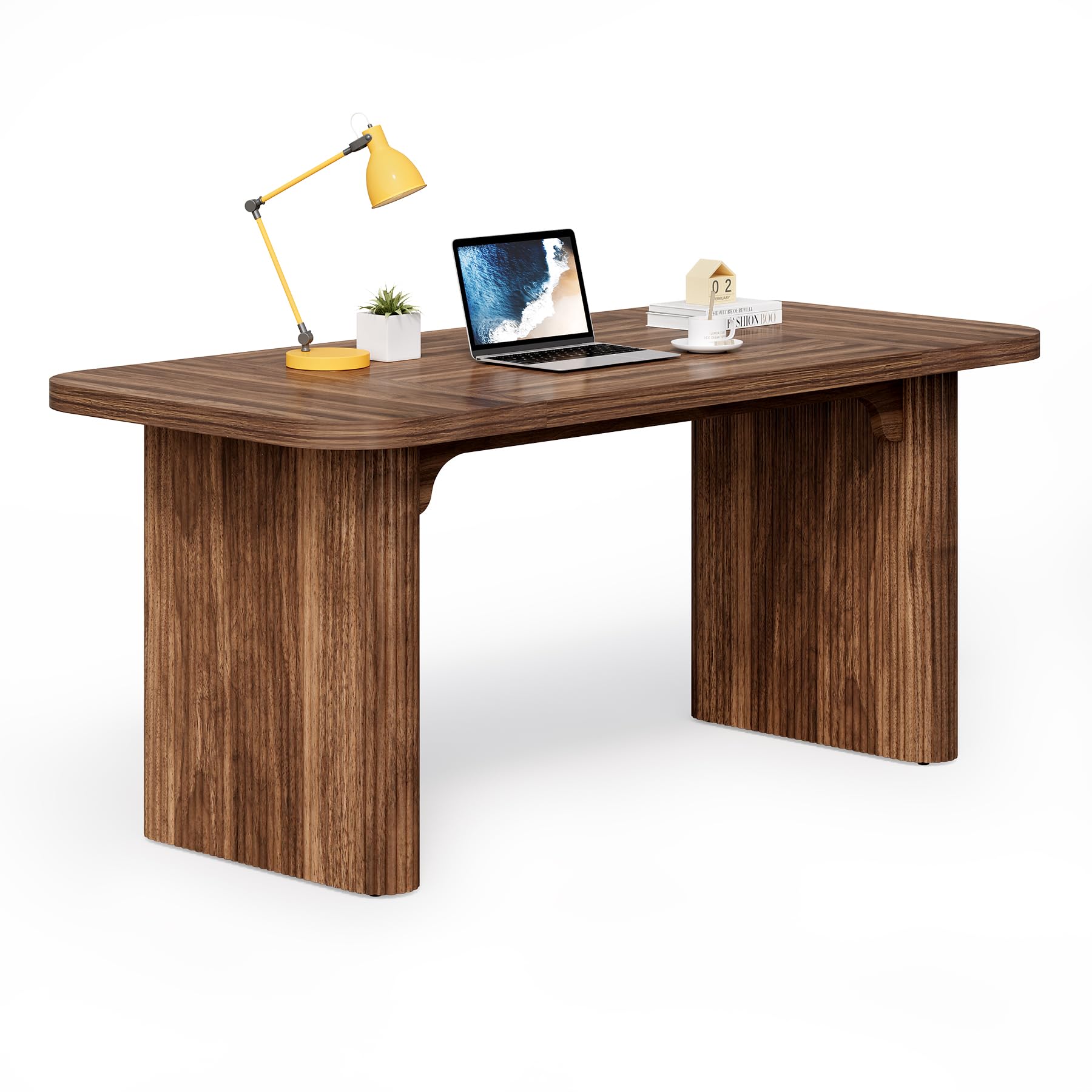 LITTLE TREE 62-Inch Computer Desk Large Simple Writing Desk with Fluted Doube Pedestal Modern Home Office Desk Wooden