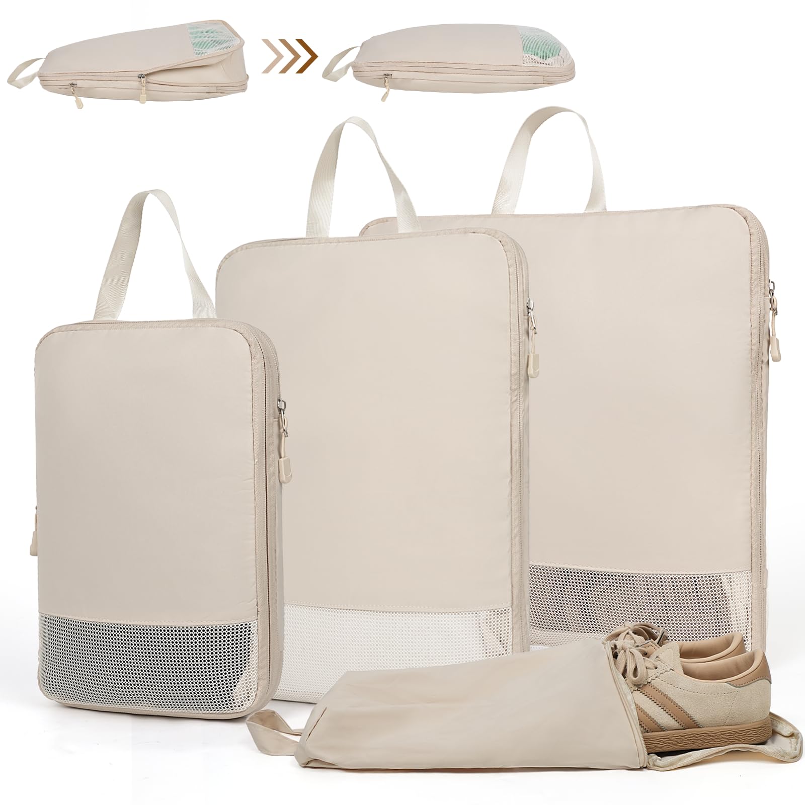 Kompressions-Verpackungswürfel für Koffer, Rucksack, erweiterbare Reisewürfel zum Verpacken mit Schuhtasche, wasserdicht, reißfest, Koffer-Organizer-Taschen für Handgepäck, Beige, 4er-Set