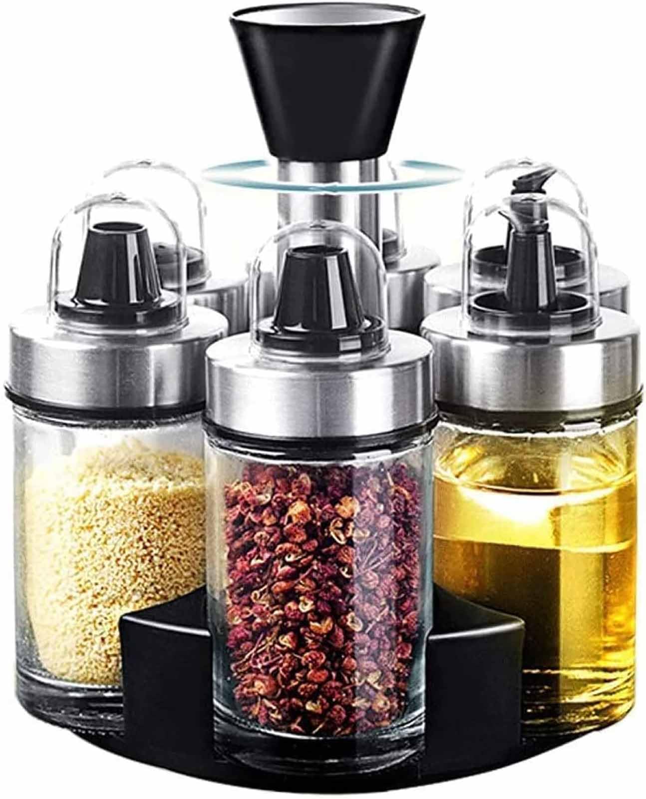 Juego de 6 especias, dispensador de aceite de sal pimienta y vinagre con soporte giratorio, soporte esencial para condimentos de cocina para aderezos y salsas para hombres