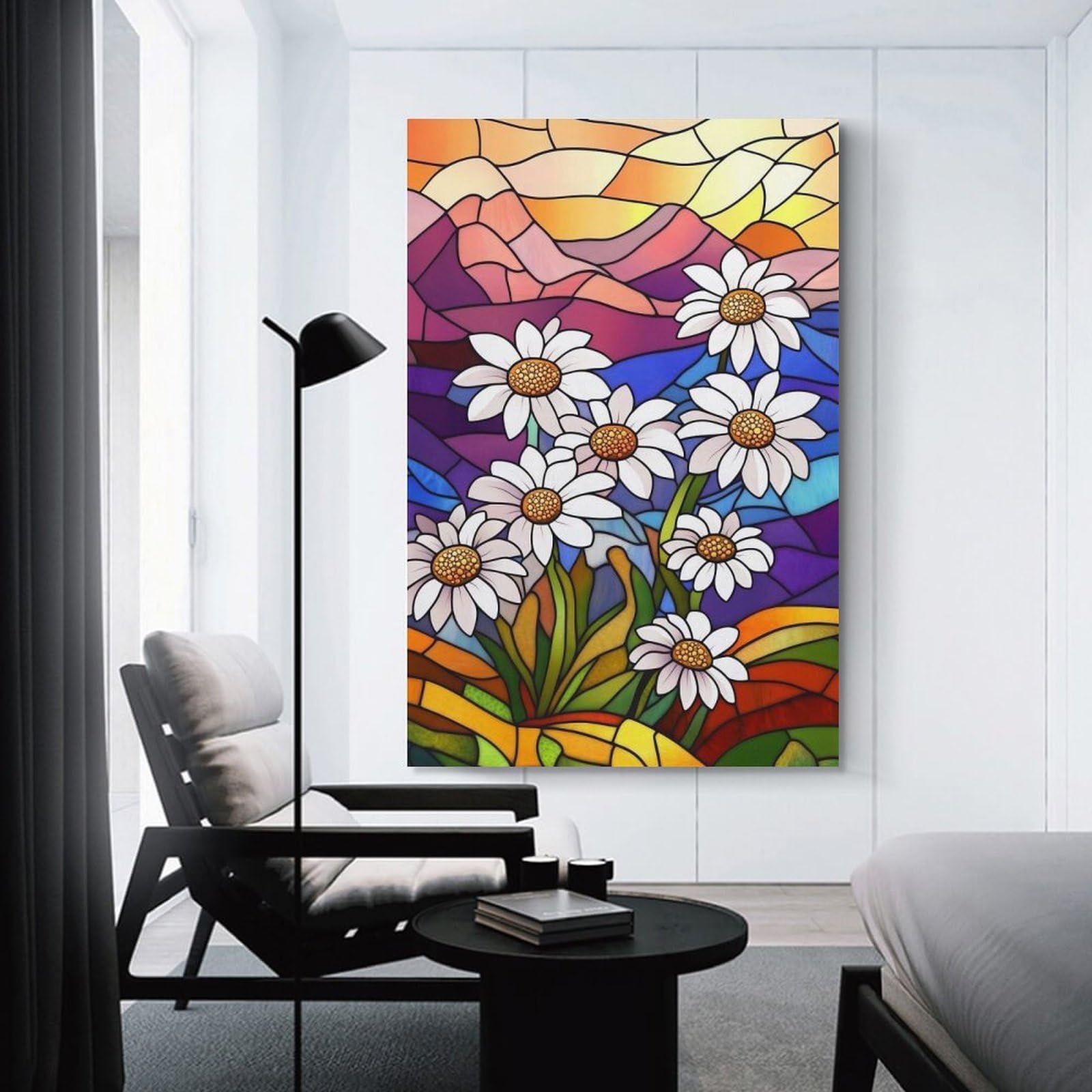 Junmoney Stained Glass Daisies Decorative Canvas Print, 20x30inch(50x75cm), for Hallway, Bedroom Or Modern Interiors, Gift Idea for Housewarming And Birthdays
