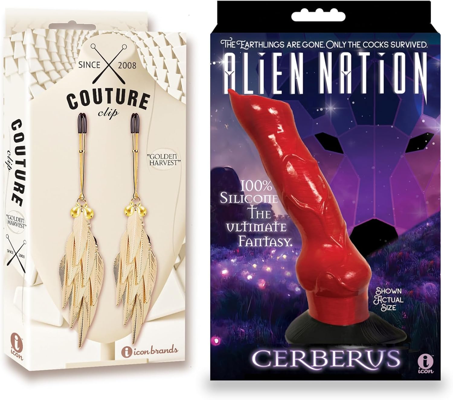 Adult Sex Toy Bundle of Couture Clip’s “Golden Harvest” Nipple Clamp and Icon Brands Alien Nation Cerberus Silicone Creature Dildo - Red