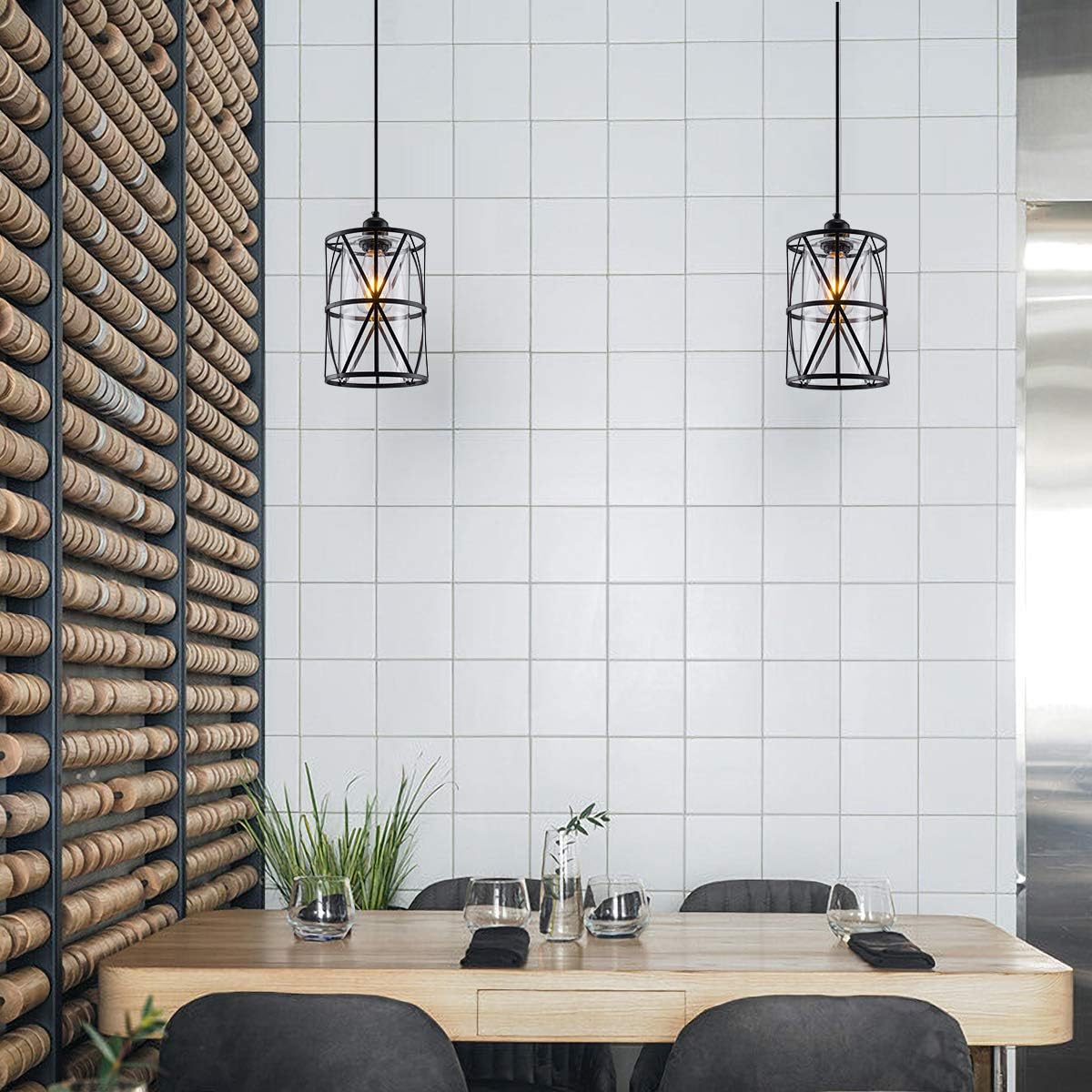 Black Industrial Metal Pendant Light with Clear Glass Shade, Transitional Cylinder Pendant Lighting Fixture for Kitchen Island Sink Counter Dining Room