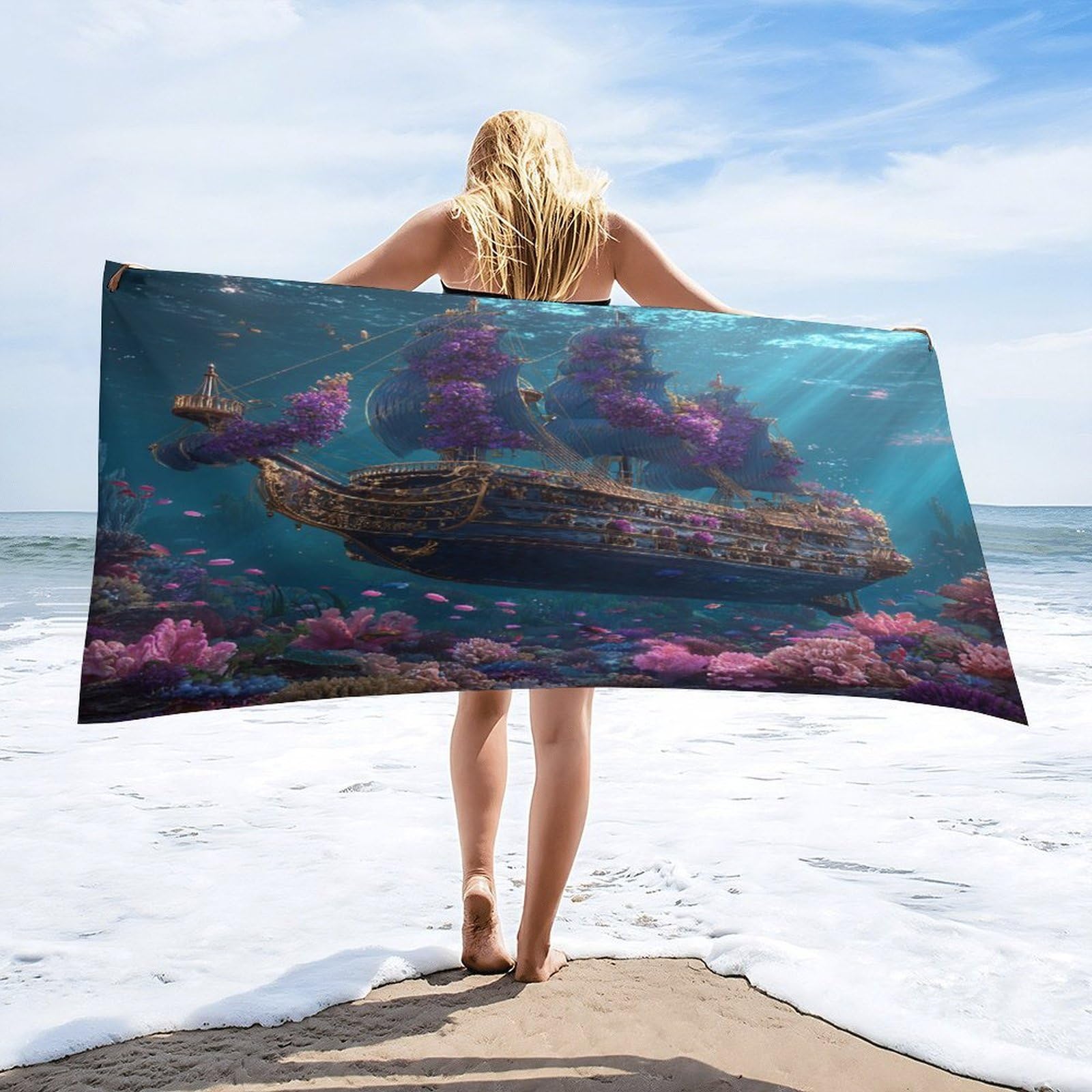 Luyysky Classic Nautical Pirate Ship Absorbent Beach Towel, Modern Oil Painting Ocean Underwater Sea Animal Fish Coral Outdoor Single-Sided Velvet Beach Towel-80 W Cm X 160" L Cm