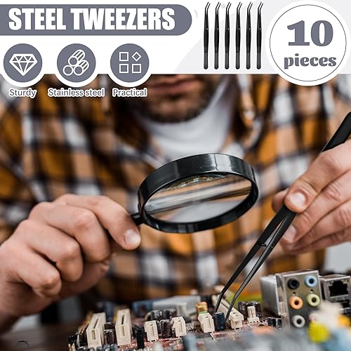 Miniatura 6 de Honoson 10 pinzas de acero inoxidable para manualidades con punta dentada curvada, pinzas multiusos para máquina de coser, pinzas a granel (negro)