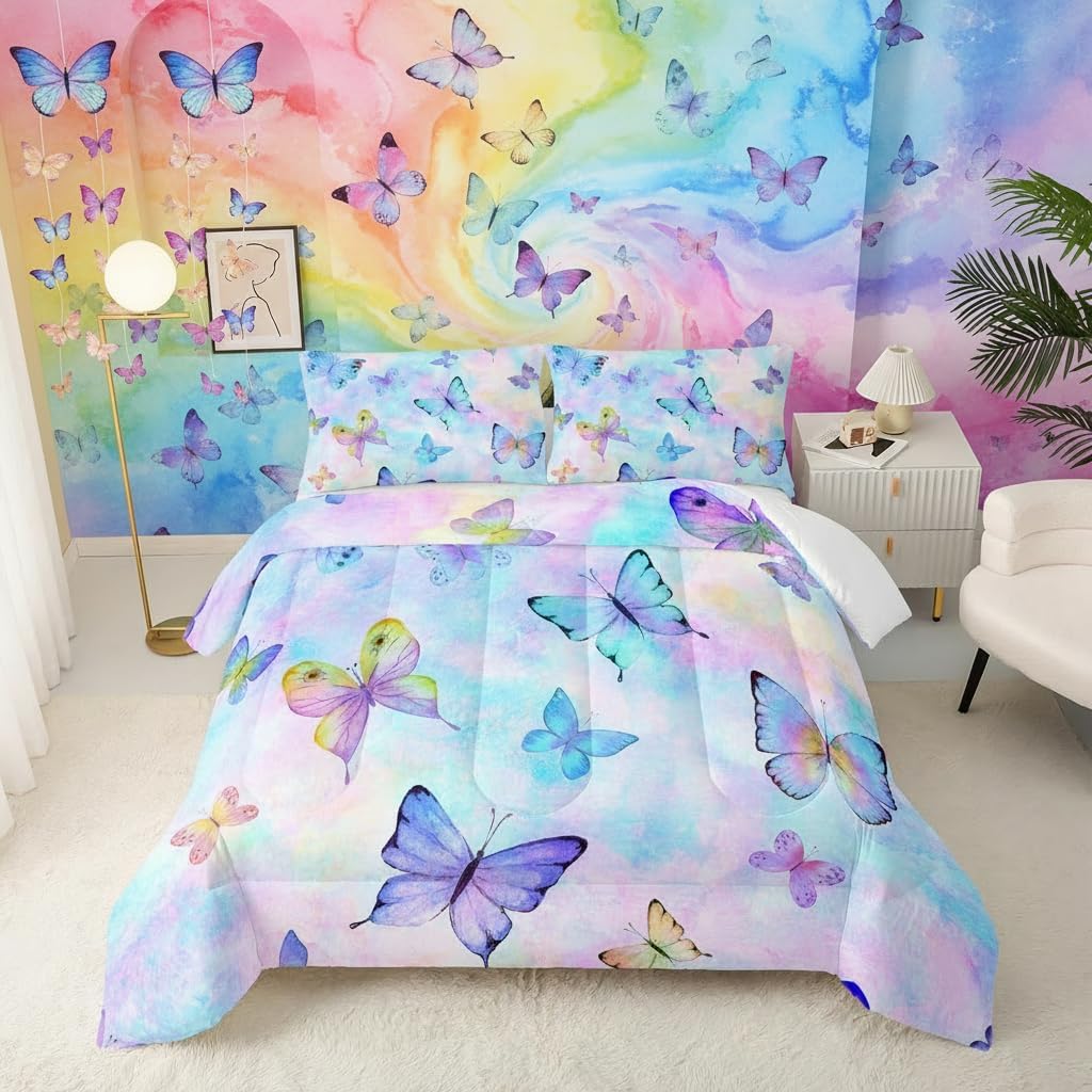 QOOMO Cute Butterfly Kids Comforter Set,Cartoon Insects Print Bedding Set Queen Size for Boys Girls Room Decoration,Colorful Bed Set Microfiber Lightweight,1 Comforter Set 2 Pillowcases
