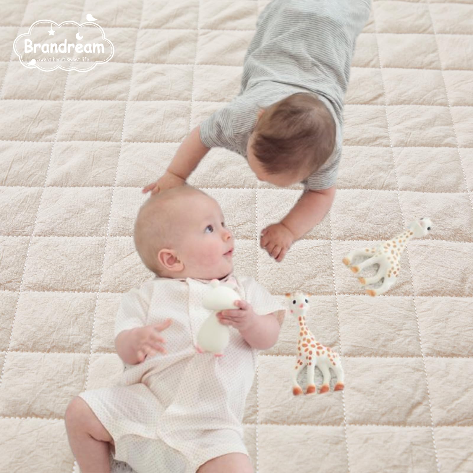 Brandream Juego de ropa de cama beige de 3 piezas para cuna para niñas o niños, sábana de cuna, falda con volantes antipolvo, 100% algodón lavado como lino, súper suave, diseño clásico acolchado a