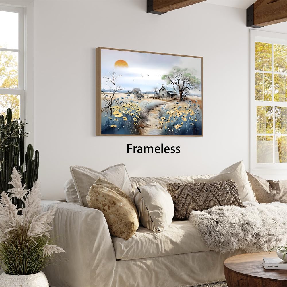 10x10 Inch Round Canvas Wall Art - Vintage Wildflower Print, Framed Farmhouse Decor For Living Room, Bedroom