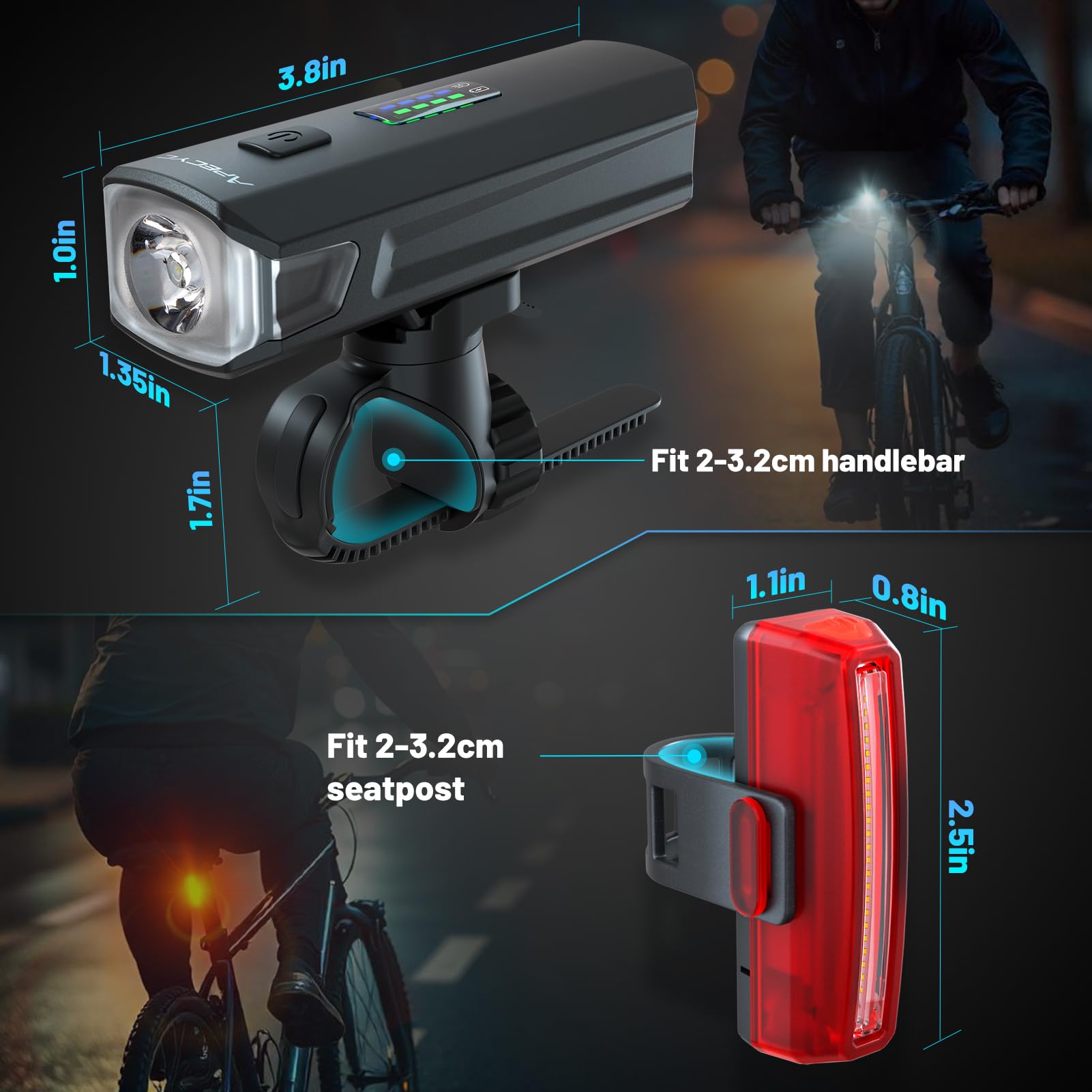 APECYC Luces de bicicleta para conducción nocturna, 1200 lúmenes, faro delantero y trasero de bicicleta con 4+5 modos de luz, juego de luces brillantes recargables por USB para ciclistas y viajeros