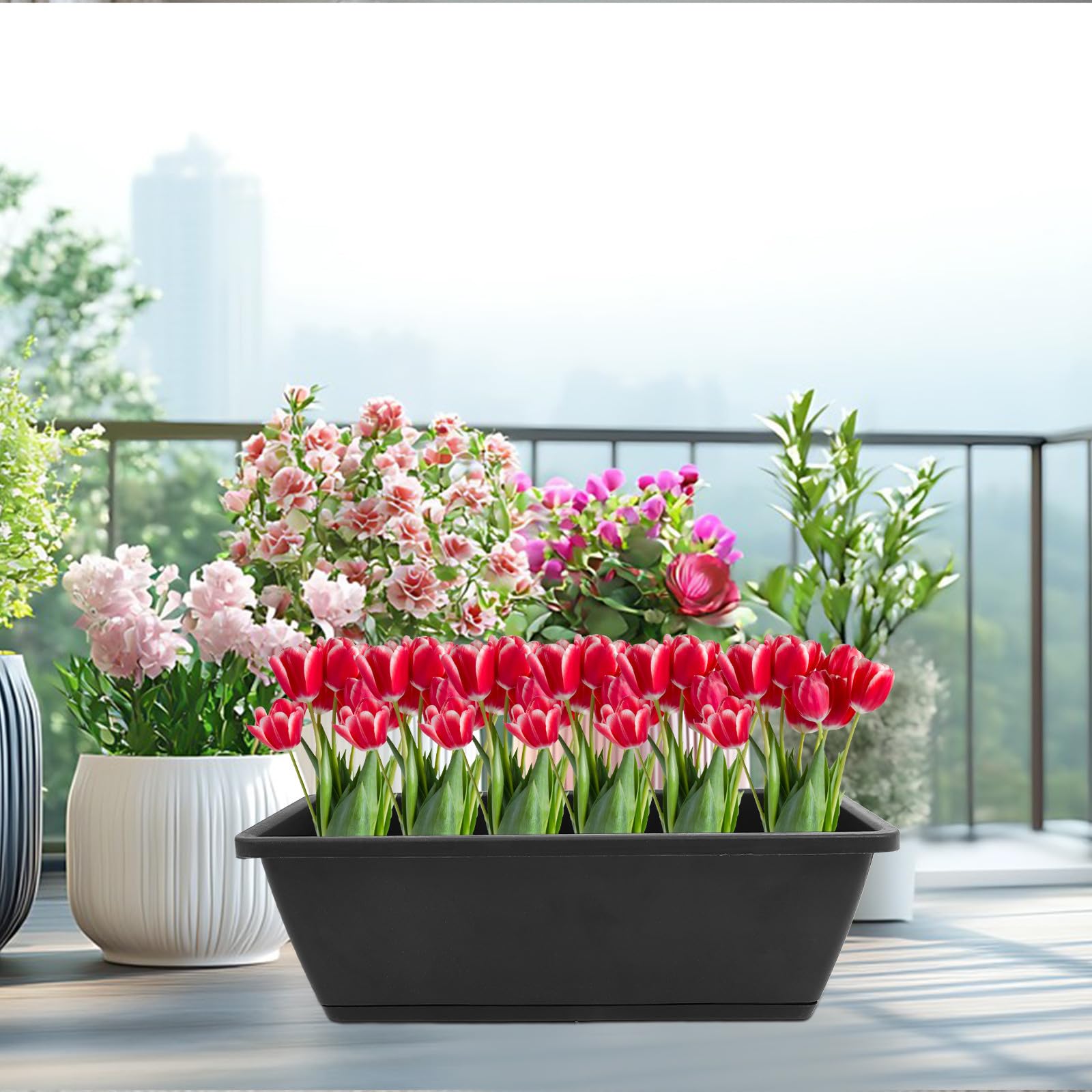 Alipis Pots de Plantation Lot de 6 Jardinières Rectangulaires en Plastique Noir Trous de Drainage et Plateau Faciles à Utiliser pour Balcon et Terrasse