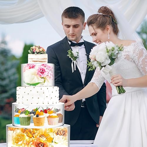 Miniatura 6 de Sintuff 3 piezas de soporte acrílico para pasteles con luces LED, transparente rellenable, caja cilíndrica redonda de 3 niveles para Navidad, boda,