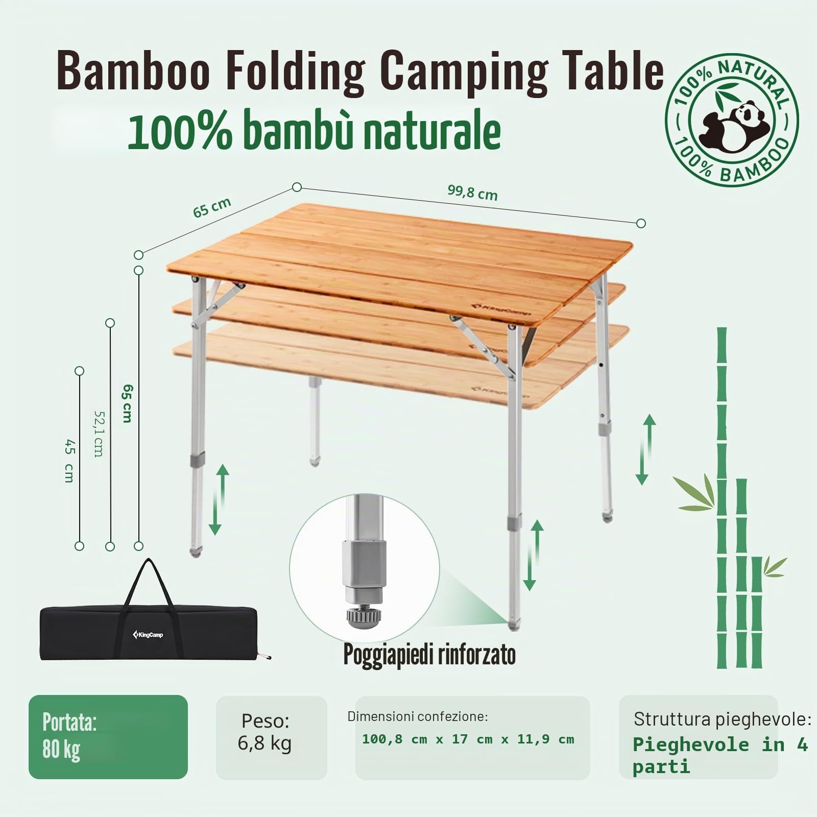 KingCamp Tavolo Pieghevole 100x65x45/52/65cm in Bamboo Regolabile in Altezza, da Esterno, Interno, Portatile, Salvaspazio, da Campeggio, Arrotolabile, Balcone Giardino Picnic