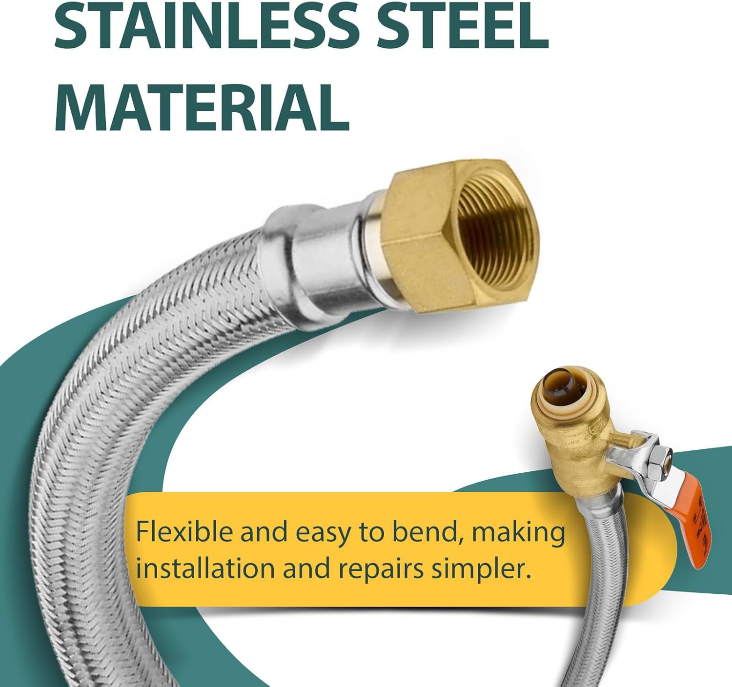 2-PACK Niikappu 12-Inch Stainless Steel Flexible Water Heater Connector, 1/2 Inch Push-fit Ball Valve x 3/4 Inch FIP