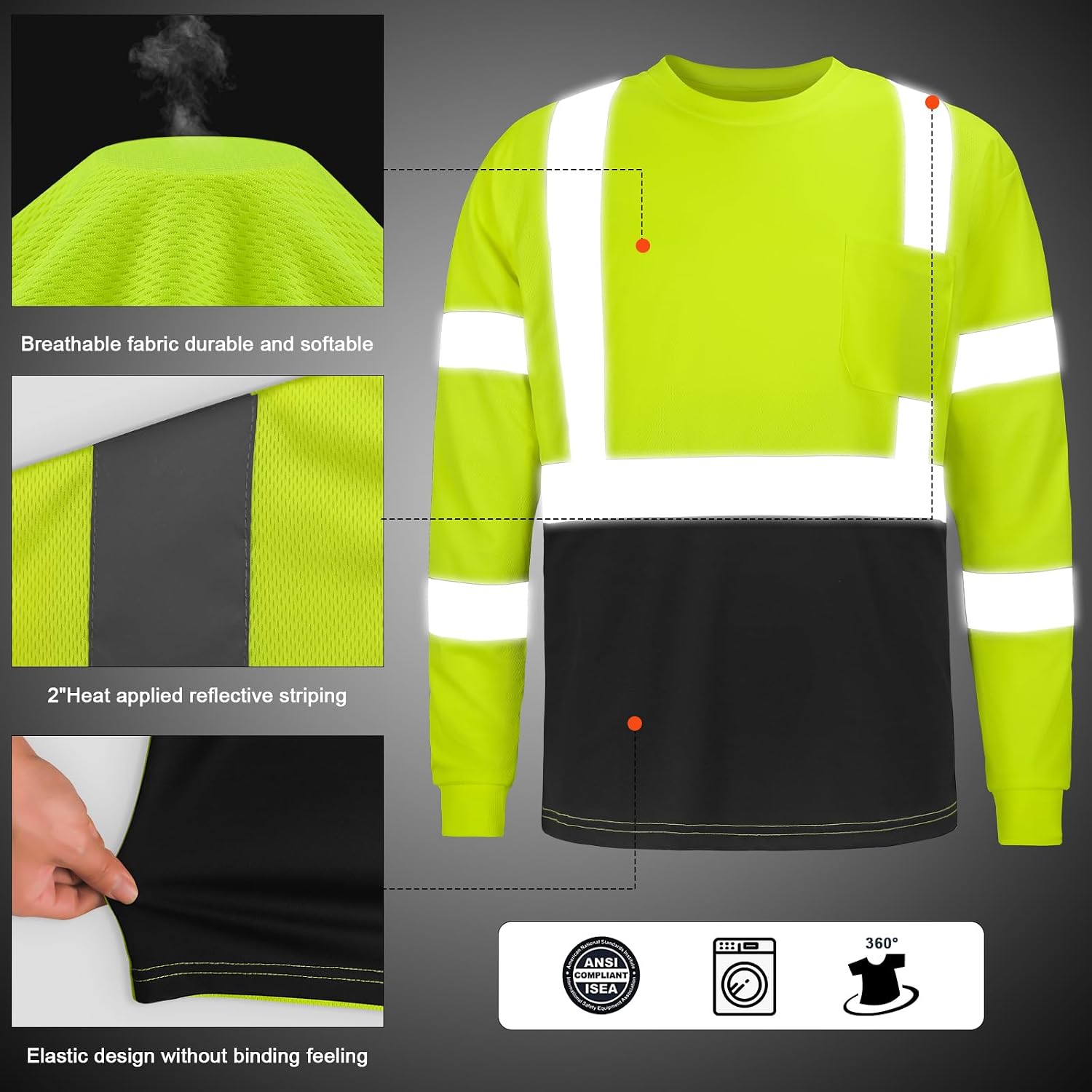 High Visibility Class 3 Shirts，Hi Vis Safety Long Sleeve Quick Dry Mesh Construction Work
