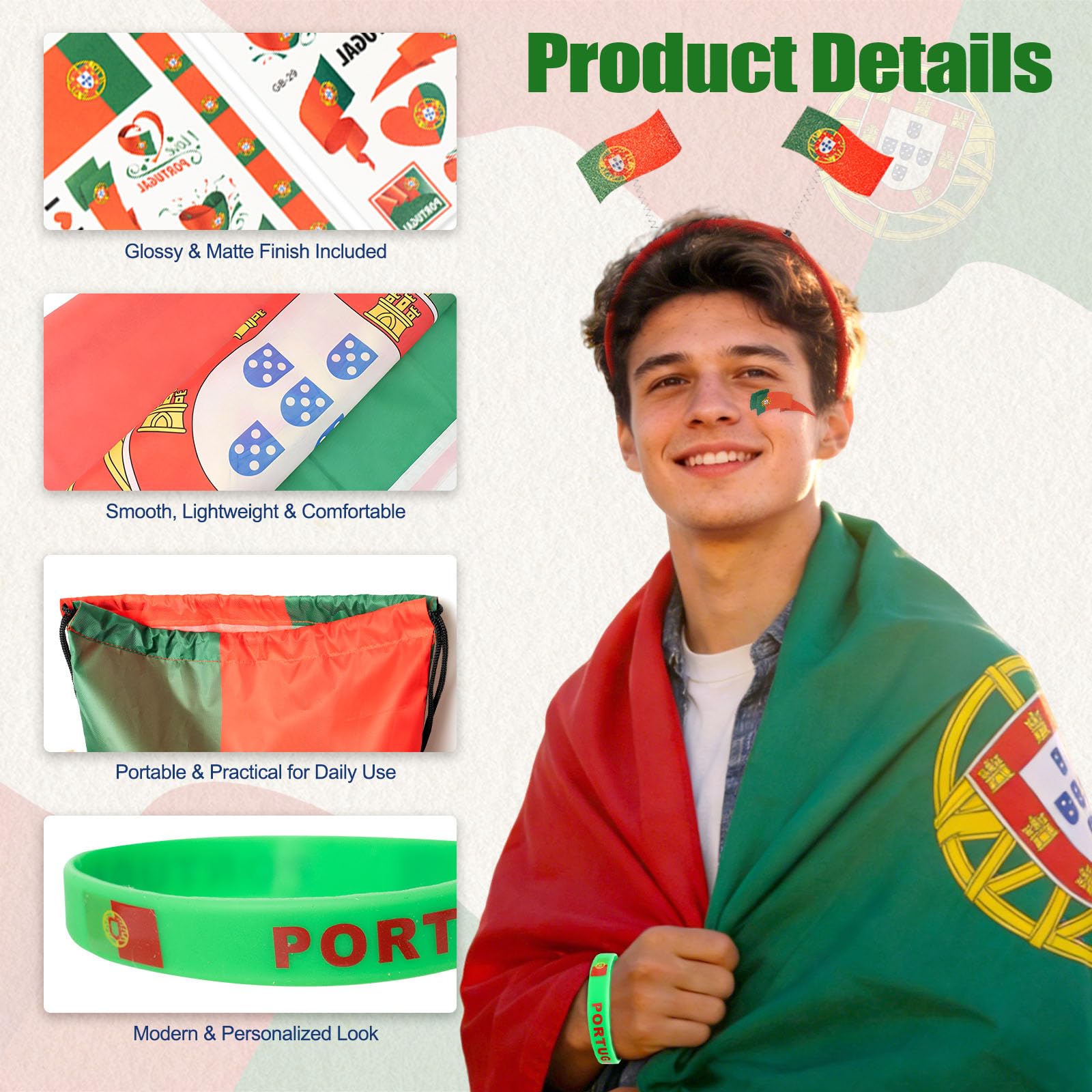 Set per tifosi della Coppa del Mondo 2026, include 10 kit per tifosi nazionali con fascia per la testa, 2 bastoncini di tuono, bandiera, braccialetto, borsa con coulisse, poster cancellabile a secco e