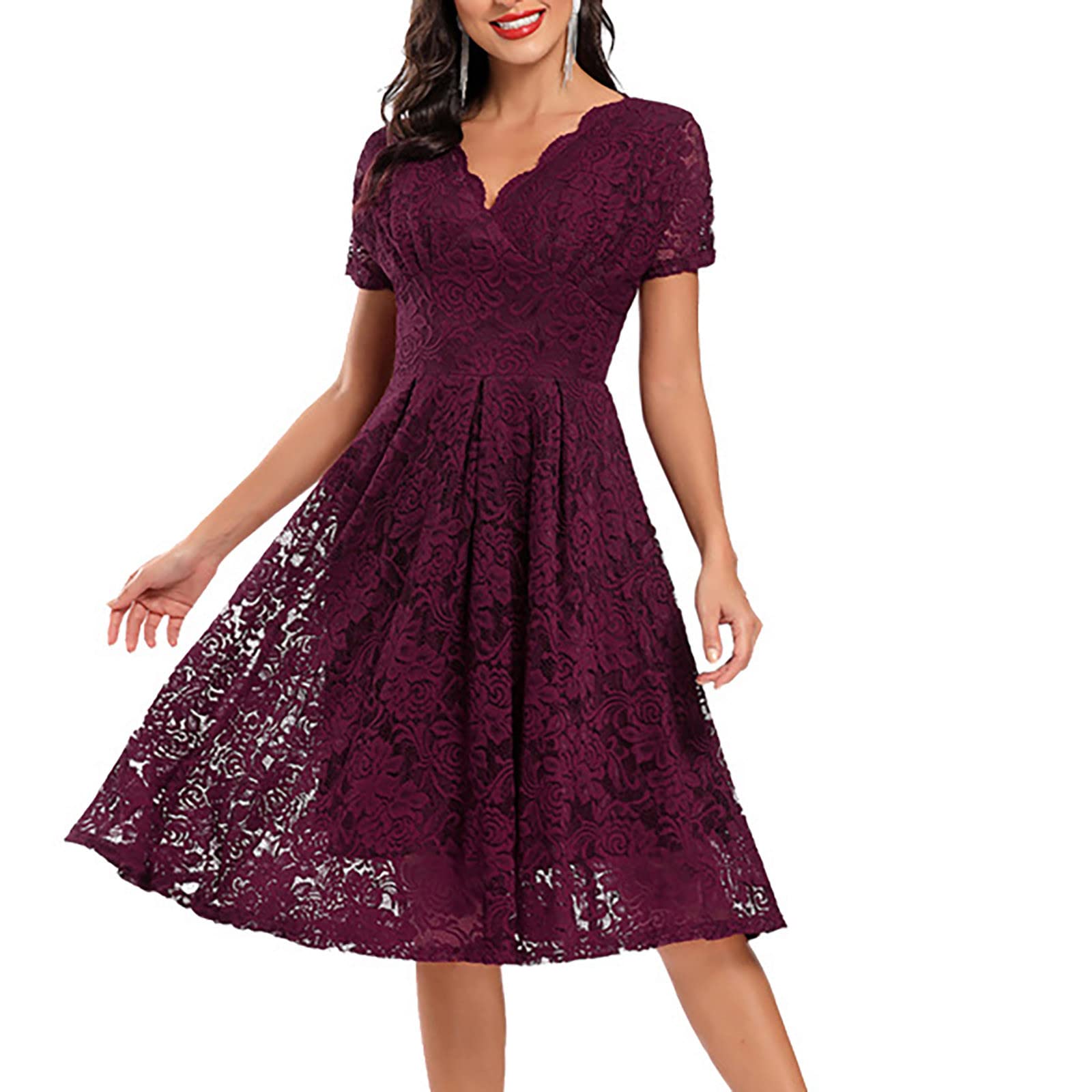 Kleid Hochzeitsgast Damen Lang Spitze mit Ärmel Festliche Kleider Für Damen Hochzeit Midi Sommerkleid V Ausschnitt Elegant Midikleid A Linie Schwingen Sommerkleider Leicht Und Luftig Abendkleid