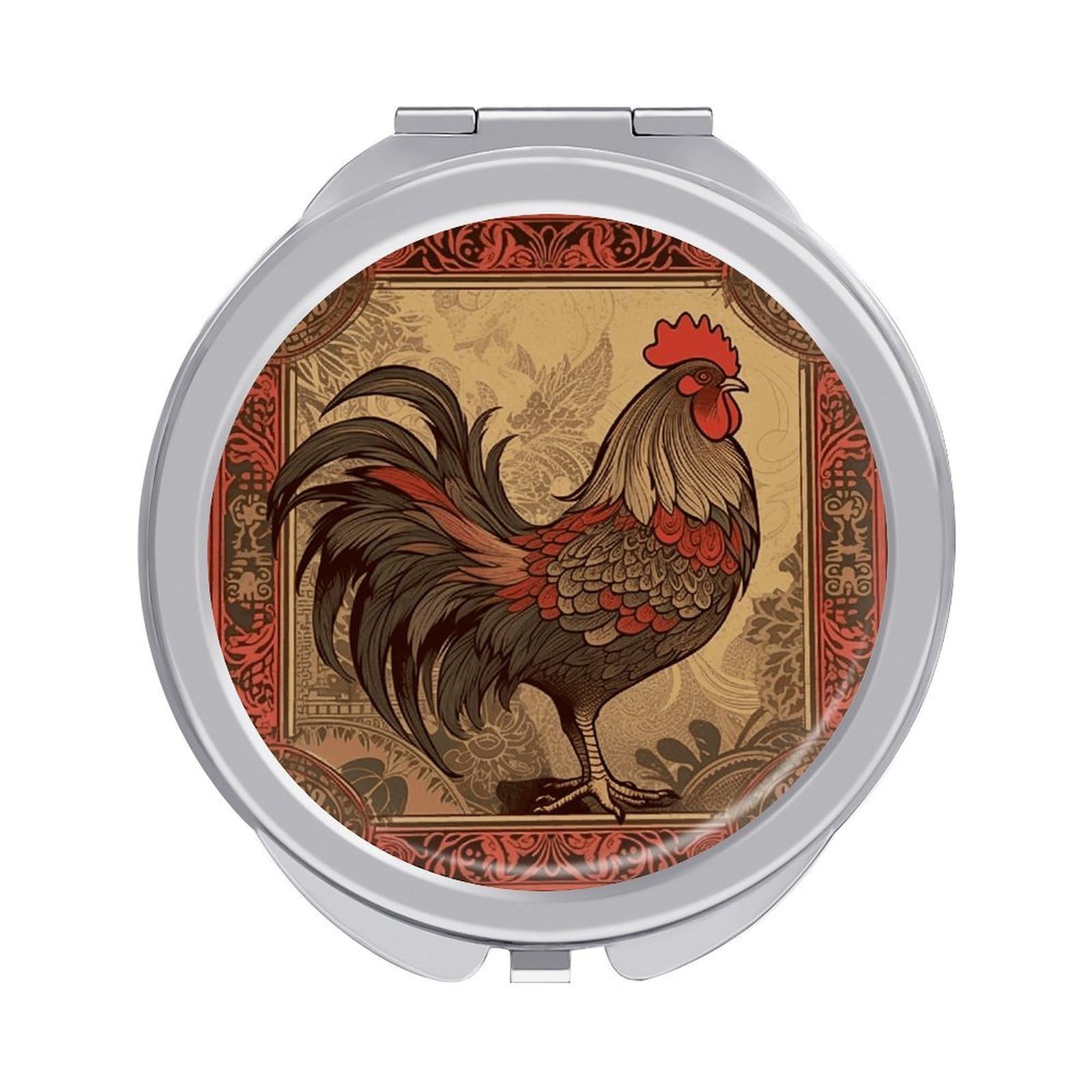 Fekiloot Style Old Rooster Illustration Travel Makeup Mirror Handheld Compact Mirror Portable Pocket Mirror Double-Sided 1X/2X Magnifying For Handbag And Purses