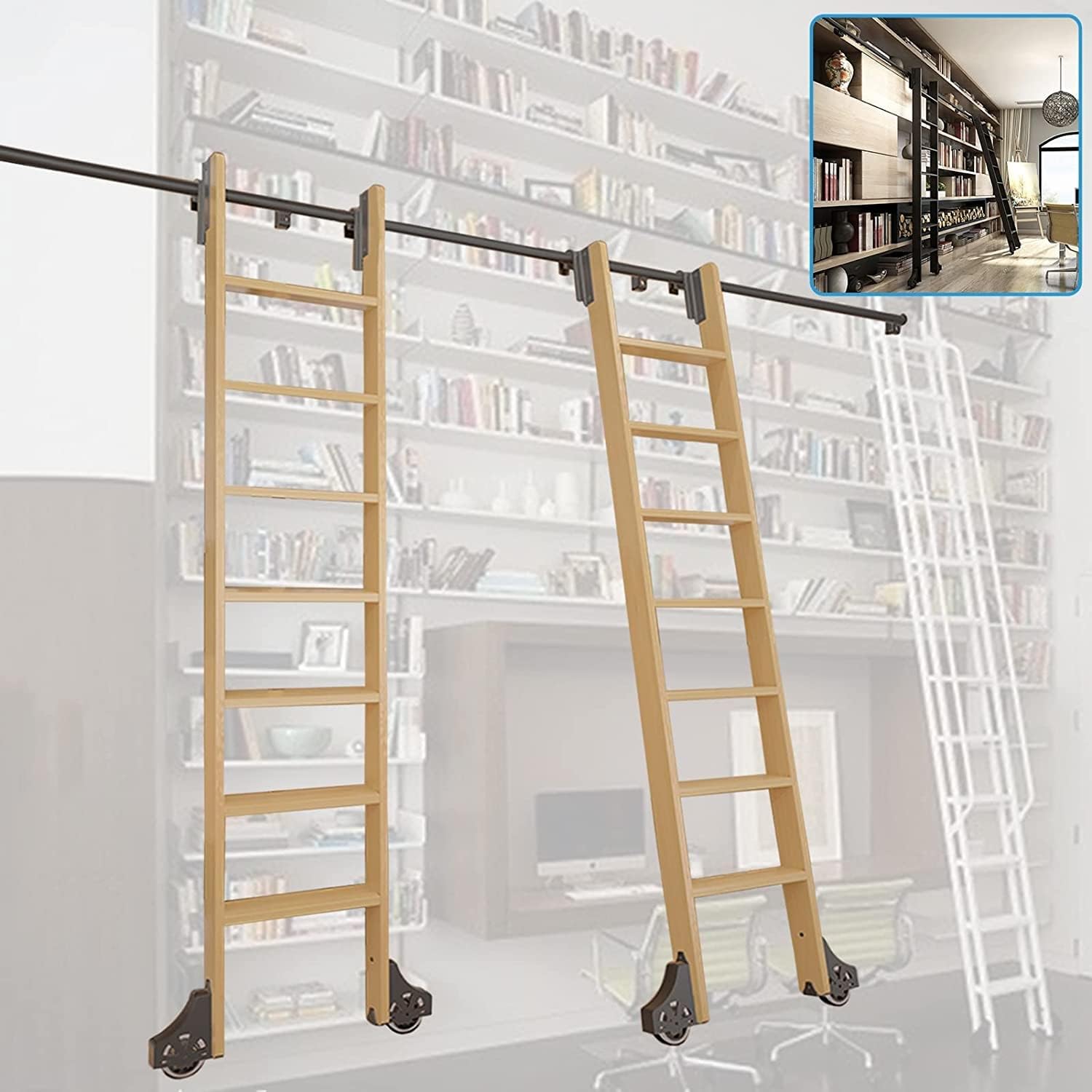 Library Rolling Ladder Mounting Kit 3.3-20Ft Sliding Hardware Rolling Library Kit (No Ladder), 3.3-20Ft Black Steel Round Tube Mobile Ladder Tracks + Floor Roller Wheels/3.3Ft/100Cm Track Ki