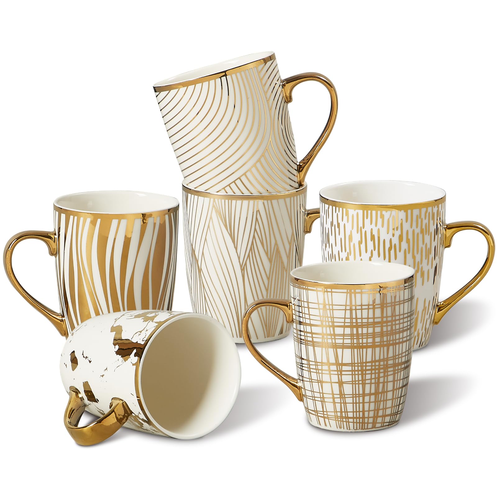 ONEMORE Coffee Mugs 18oz - Gold Plated Ceramic Mugs for Latte, Hot Tea, Cappuccino, Mocha, Cocoa - Set of 6， Multicolored