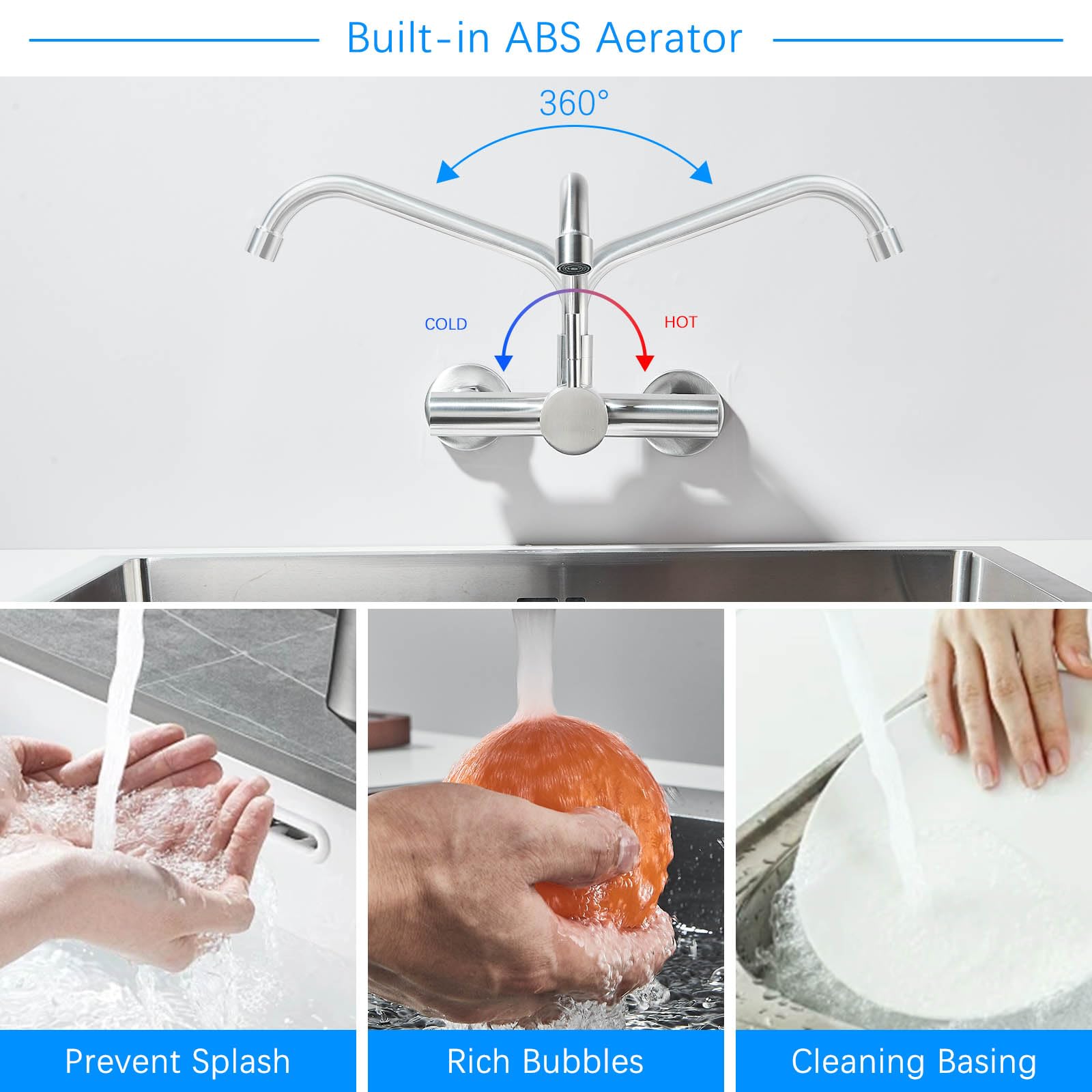 Grifo Cocina de Pared 15 cm Orificio de Montaje, Grifería de Mezclador Monomando de Acero Inoxidable 304, Grifería de Fregadero Rotación de 360​°, Agua Fría y Caliente, Plateado