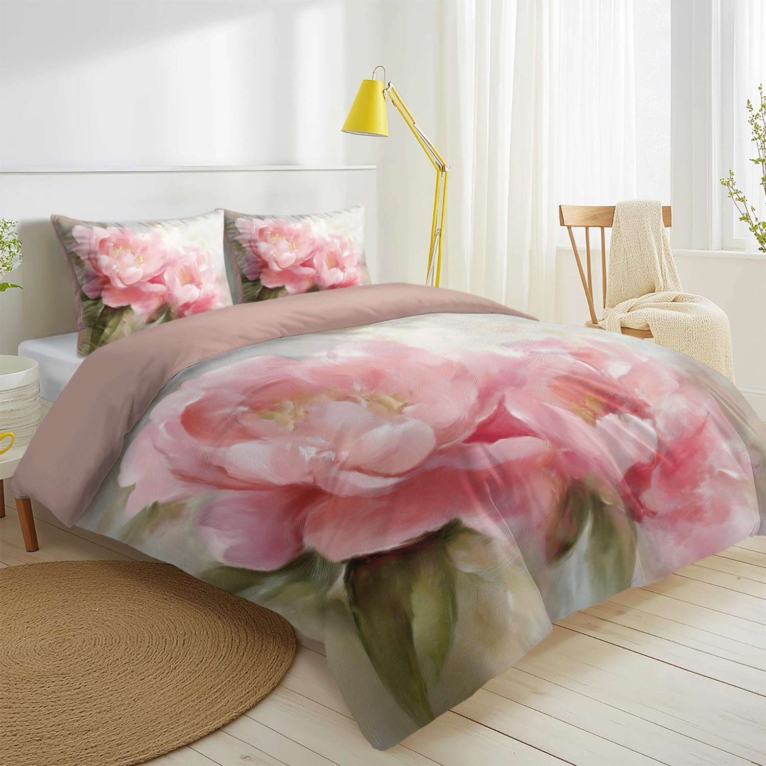 Łóżko 150 Miękki w dotyku Olej Kwiatowy Piwonie Płatki Luksusowy Klasyczny Odporny Na Zmarszczki Zestaw Pościeli Do Sypialni Lady Różowy 220 x 240 cm