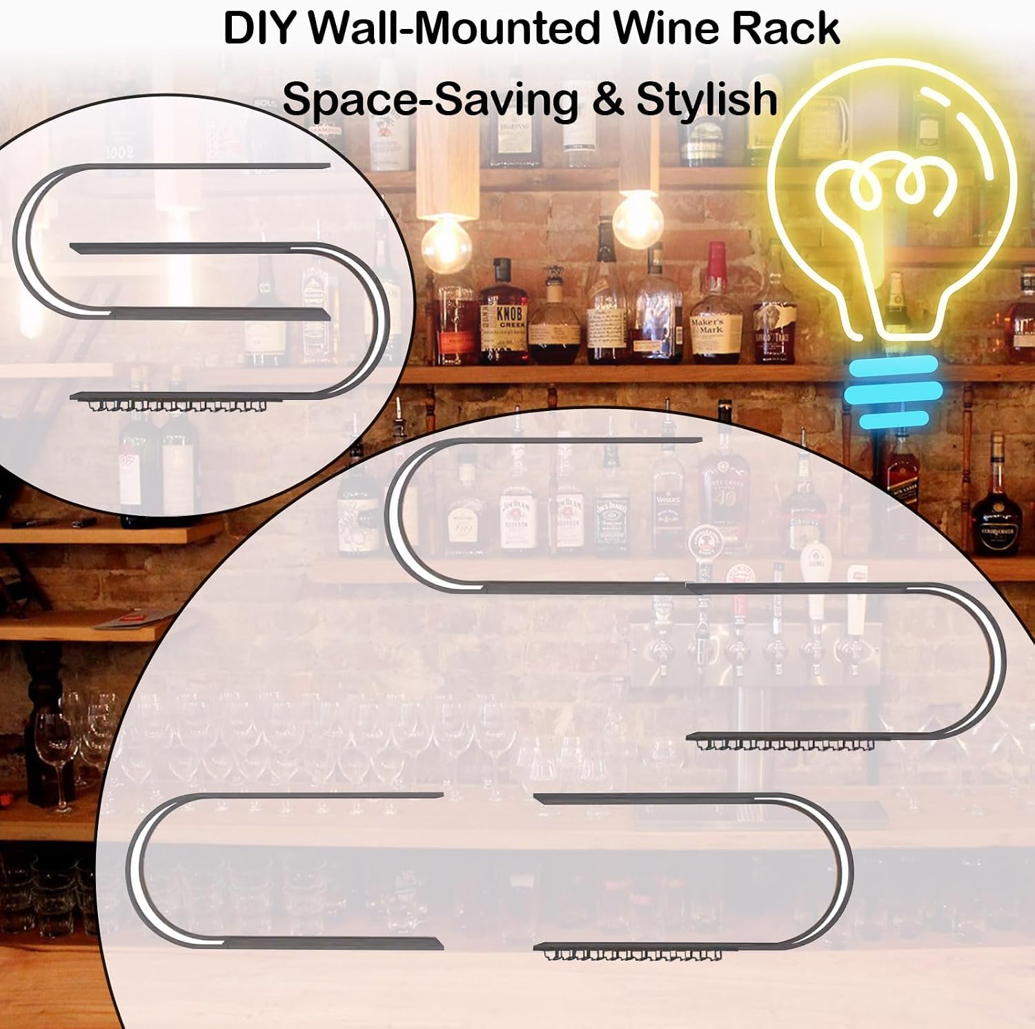 78.74in Wall Mounted Wine Rack, with LED Light Half Round Multi-Tier Iron Wine Bottle Display Rack with Wine Glass Hooks, for Kitchen, Bar, Cafe (Black,78.74 * 7.87 * 47.24INCHES)