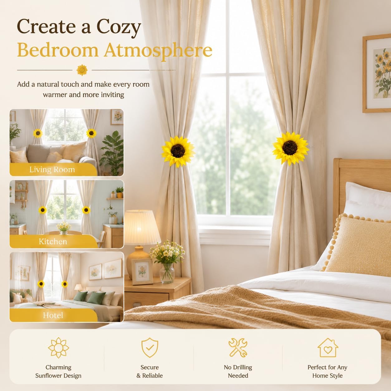 2Pcs Sunflower Curtain Tiebacks Yellow Floral Decor for Farmhouse Bedroom Window Treatments Decorative Drapery Tie Up Hooks No Drill Holders for Boho Curtains