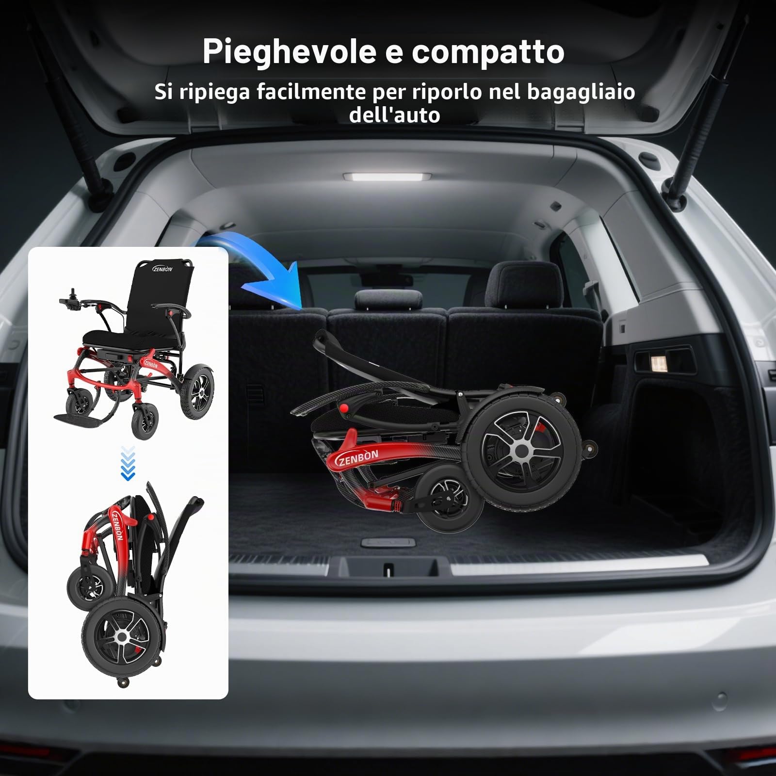 Sedia a rotelle elettrica in carbonio, pieghevole, 19,8 kg: Facile da ripiegare, con pneumatici grandi da 30 cm, per tutti i terreni, sedie a rotelle elettriche fino a 150 kg (rosso nero)