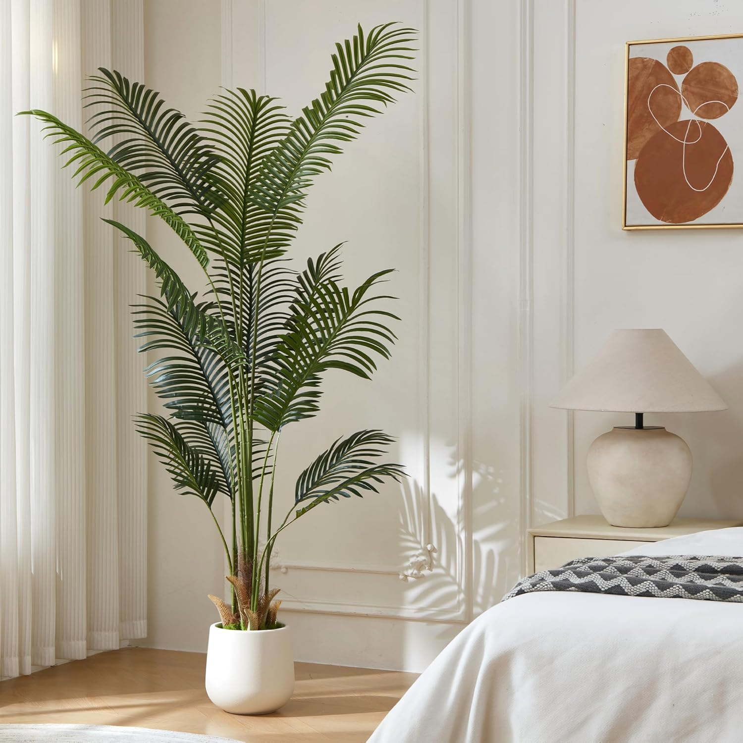 ZKIODV Sztuczne rośliny, duża 180 cm, palma z białą donicą, wierna naturalna sztuczna palma do domu, biura, salonu, dekoracja wnętrz – 13 liści, pień naturalnego drewna, zielony sztuczny mech (1