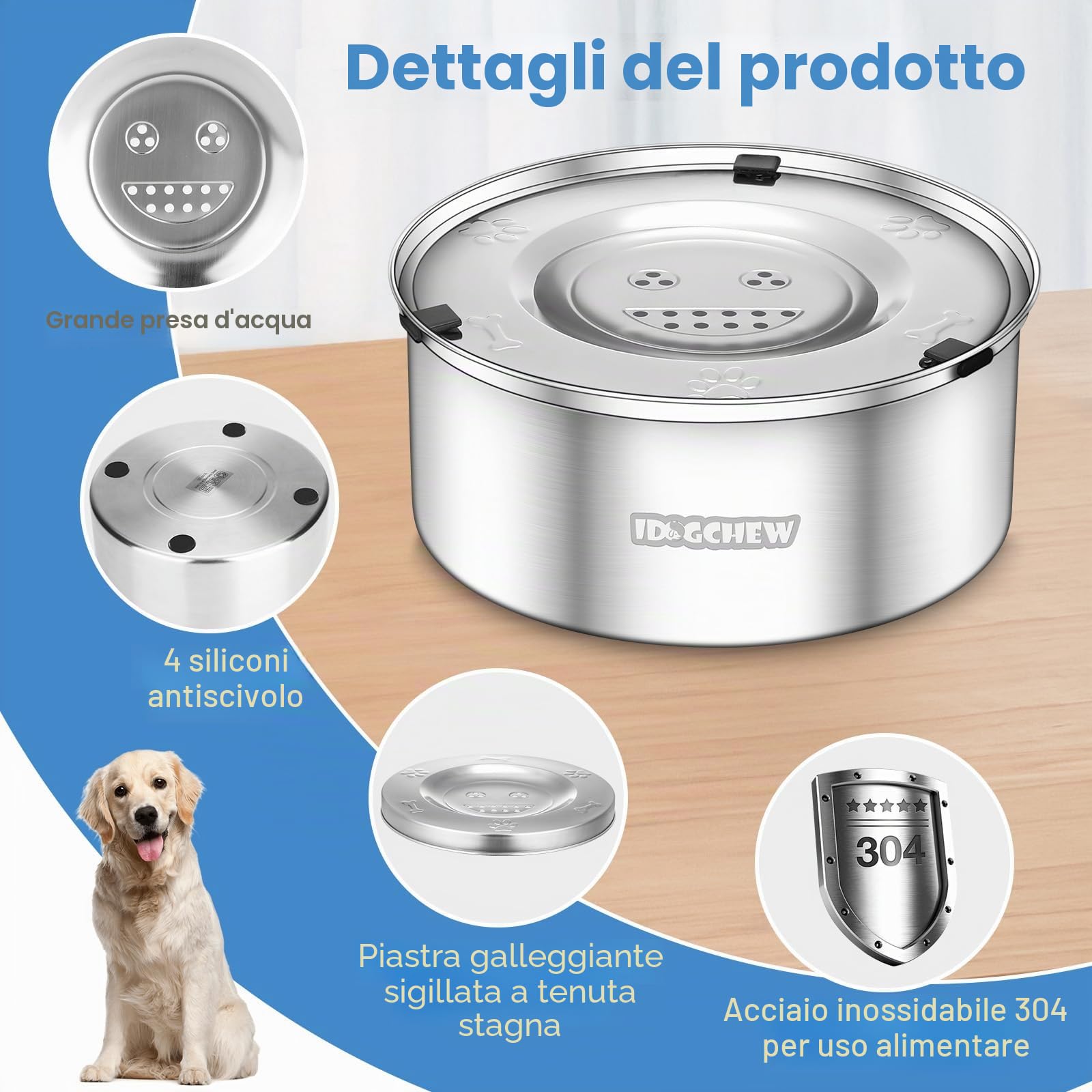Ciotola Acqua Cane Antigoccia da 1 L, in Acciaio, Grande Capacità, Anti-Fuoriuscita, Ciotola Galleggiante Senza Sporcare, Antiscivolo, Ideale per Cani e Cuccioli