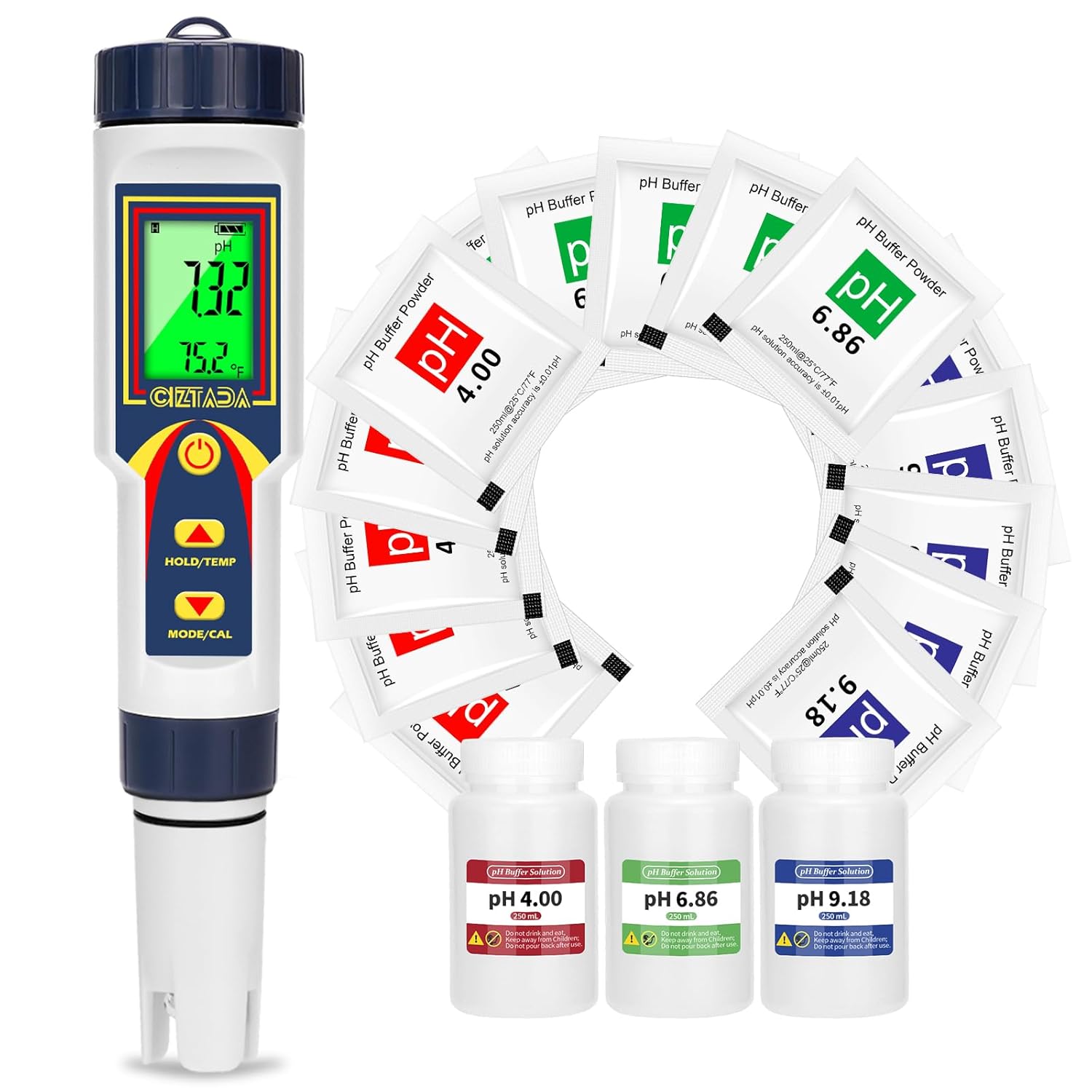 pH Meter for Water and pH Calibration Buffer Powder 4 in 1 pH EC TDS Temp Meter for Hydroponics with pH 6.86/4.00/9.18 Buffer Powders Kit for Nutrients Growing Gardening
