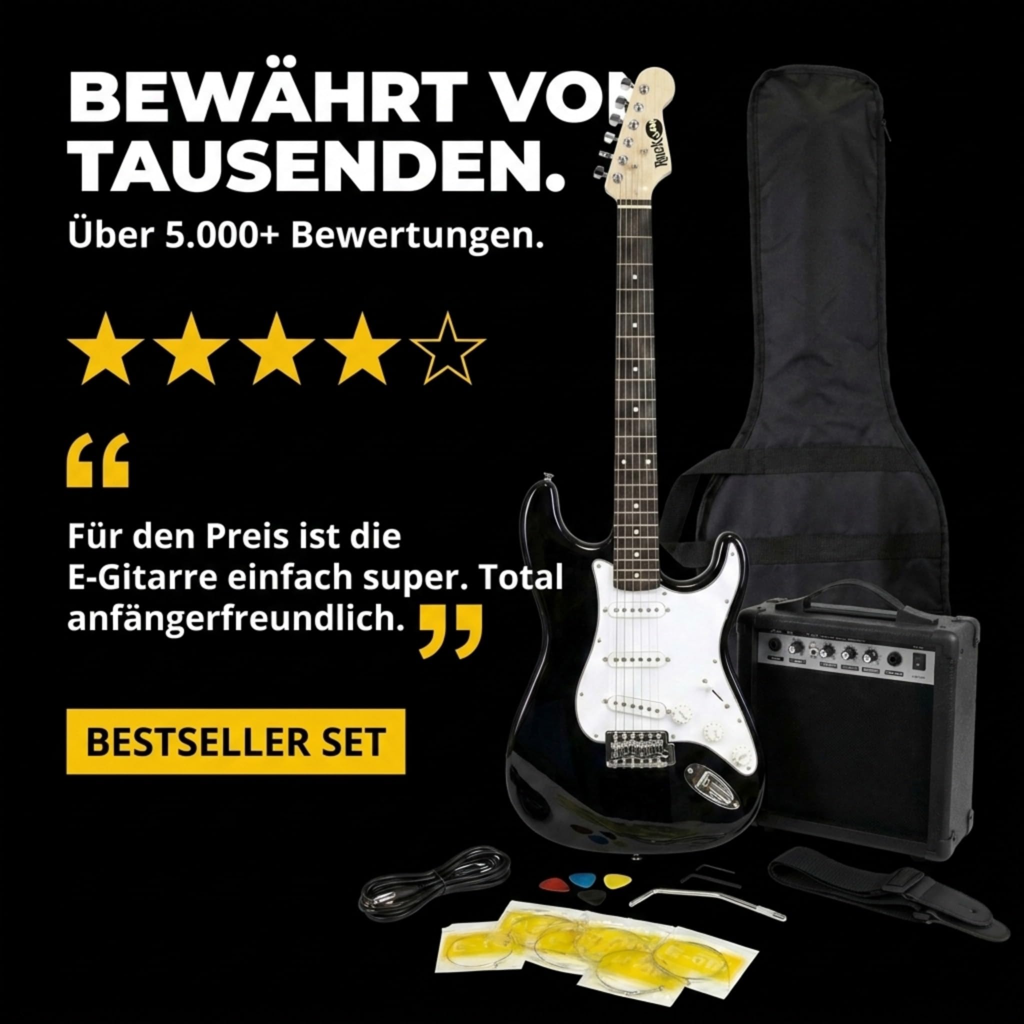 RockJam E-Gitarren-Set volle Größe für Anfänger, Schwarz, 6 Saiten mit 10-W-Verstärker, Tasche, Gurt, Kabel, Plektren und Tremolo