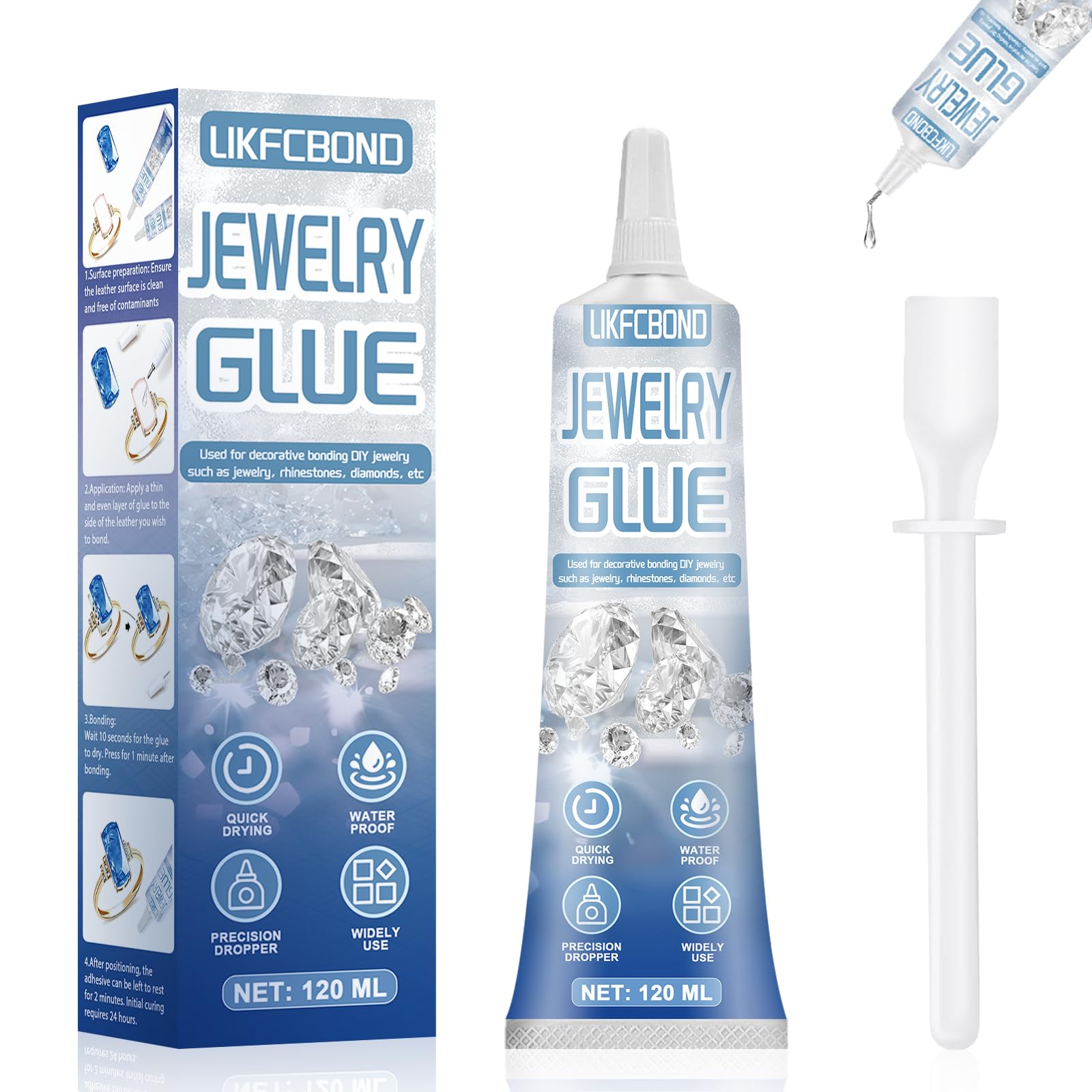 Klej do biżuterii, ekstra mocny, klej strasu, 120 ml, przezroczysty klej, do przyklejania biżuterii DIY, kamieni szlachetnych, kamieni strasu i diamentów