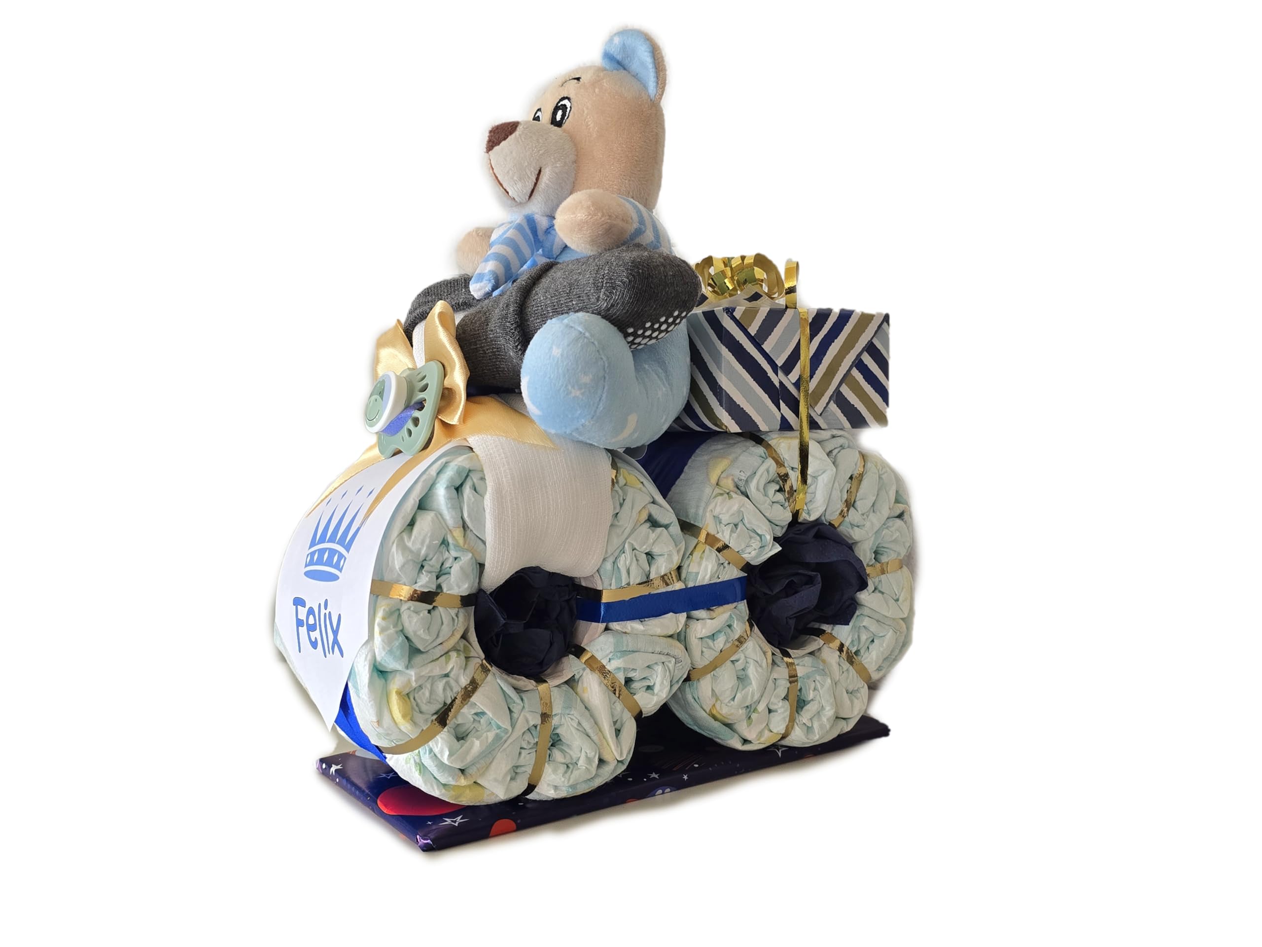 Windeltorte | Windelmotorrad Prinz mit Bär blau | Geschenk zur Geburt | Personalisiertes Windelgeschenk Junge