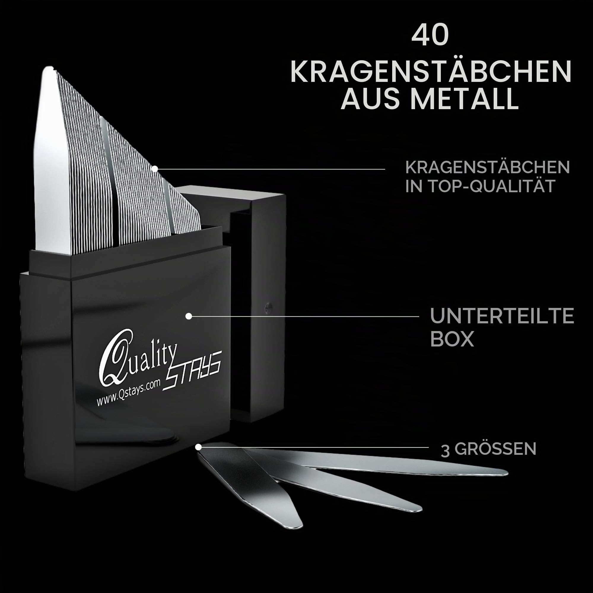 Quality Stays 40 Stück Edelstahl-Kragenstäbchen - 3 Größen in 1 Sortierkasten