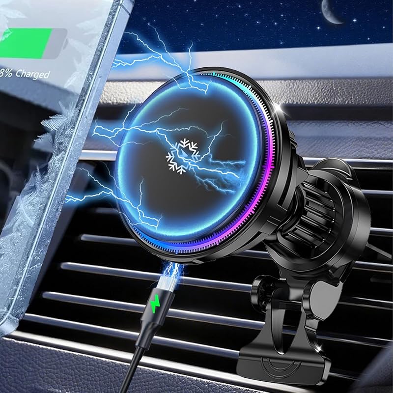Carregador veicular sem fio magnético compatível com MagSafe WEKEFON W68 com ventilação, resfriamento TEC e luz RGB, preto