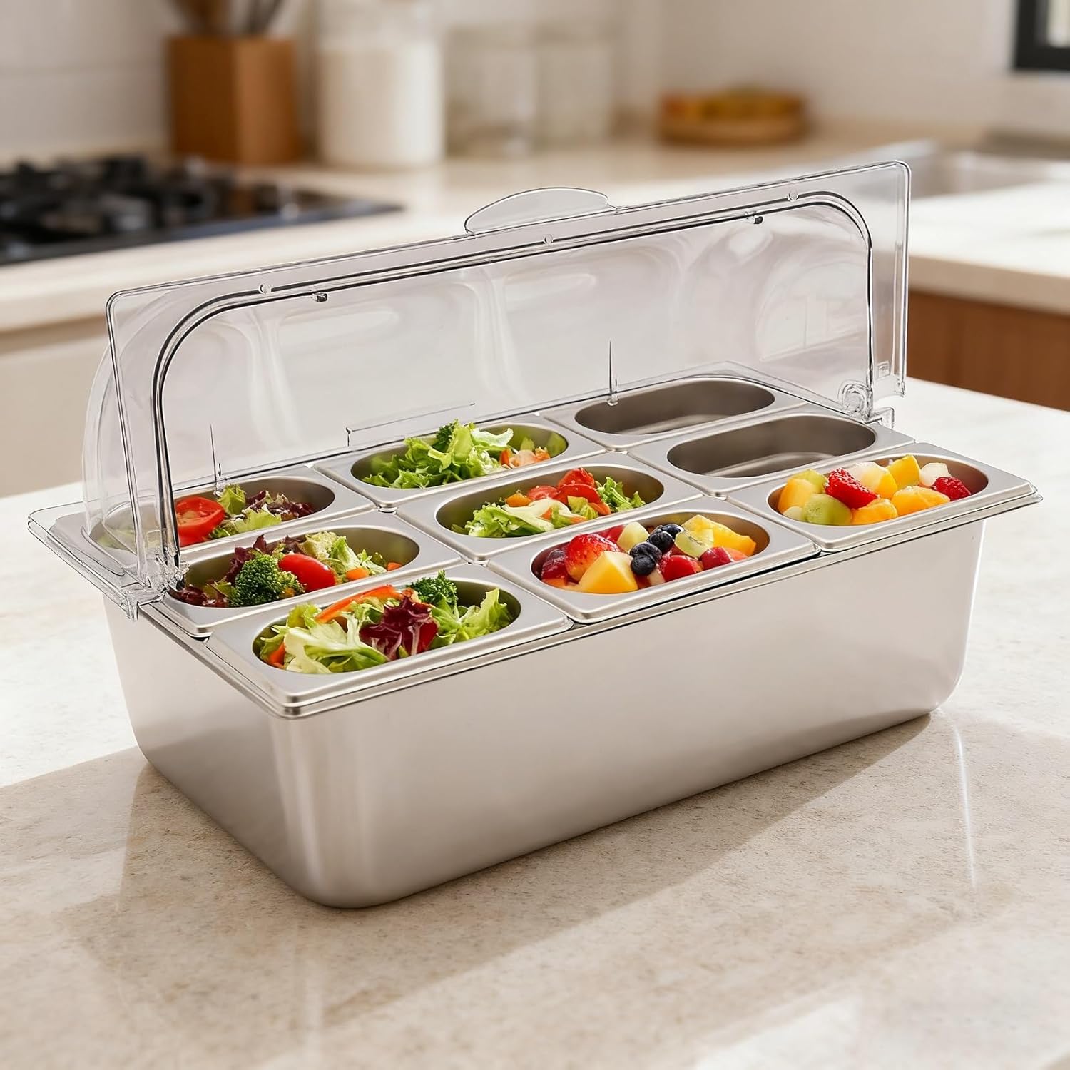 Countertop Food Serving Display Container, 9 Pans Stainless Steel Buffet Condiment Dispenser Cold Food Serving Tray Plate Case for Fruit Vegetable Salad with Roll Top Cover Spoons Clamps
