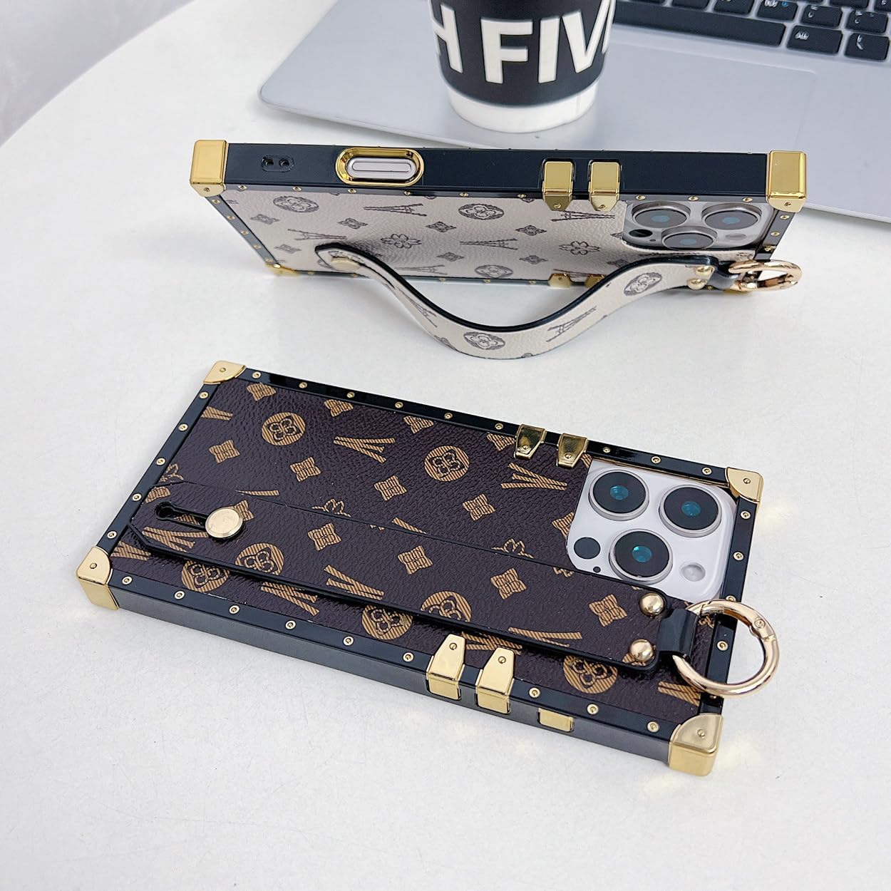 Compatible with iPhone 16 Pro Max Case Luxury Designer for Women Girls,Rectangle Leather with Wristband Strap Kickstand Holder Protective Cover for 16 Pro Max - 6.9 inch(Brown) - Image 2