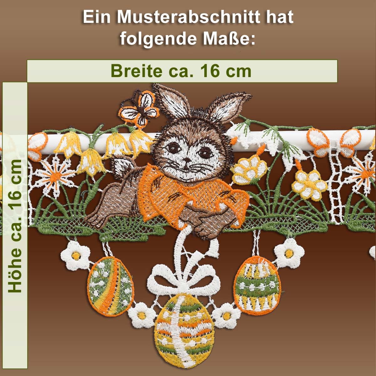 Mini-Scheibenhänger Osterwiese mit Hase Vogtländischer Spitze | Spitzengardine Oster-Motiv Häschen auf Blumenwiese | Feenhaus-Scheibengardine Osterwiese mit Schmetterling | Höhe x Breite 16 x 96 cm
