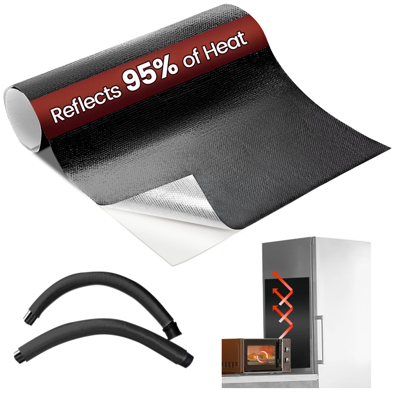 Selbstklebende Aluminium-Hitzeschutzmatte, 30 x 30 cm – Hitzeschutzfolie reflektiert 95% der Strahlungswärme, Schutz für Kühlschrank, Auspuff, Motorrad, Holzofen, Küchenschränke und Kamin (Schwarz)