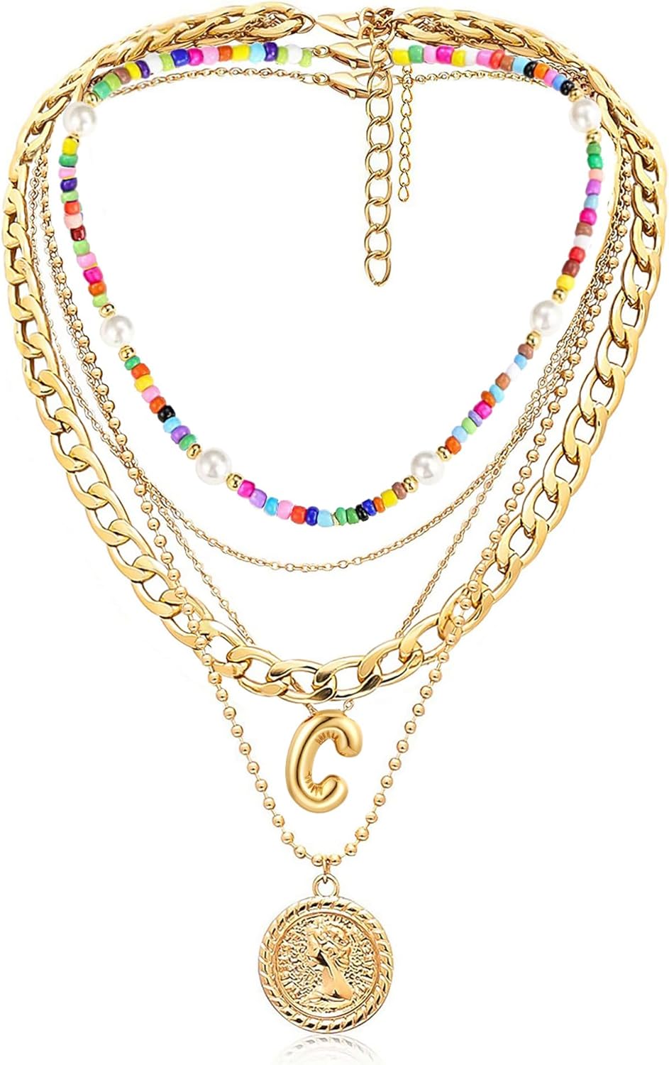 MJartoria Layered Necklaces for Women Trendy Balloon Initial Pendant Necklace Dainty Chunky Chain Beaded Choker Necklaces Jewelry Birthday Gifts