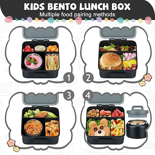 Miniatura 5 de MAISON HUIS Lonchera Bento para niños con termo de sopa de 8 onzas, recipientes de almuerzo a prueba de fugas con 5 compartimentos, tarro de comida